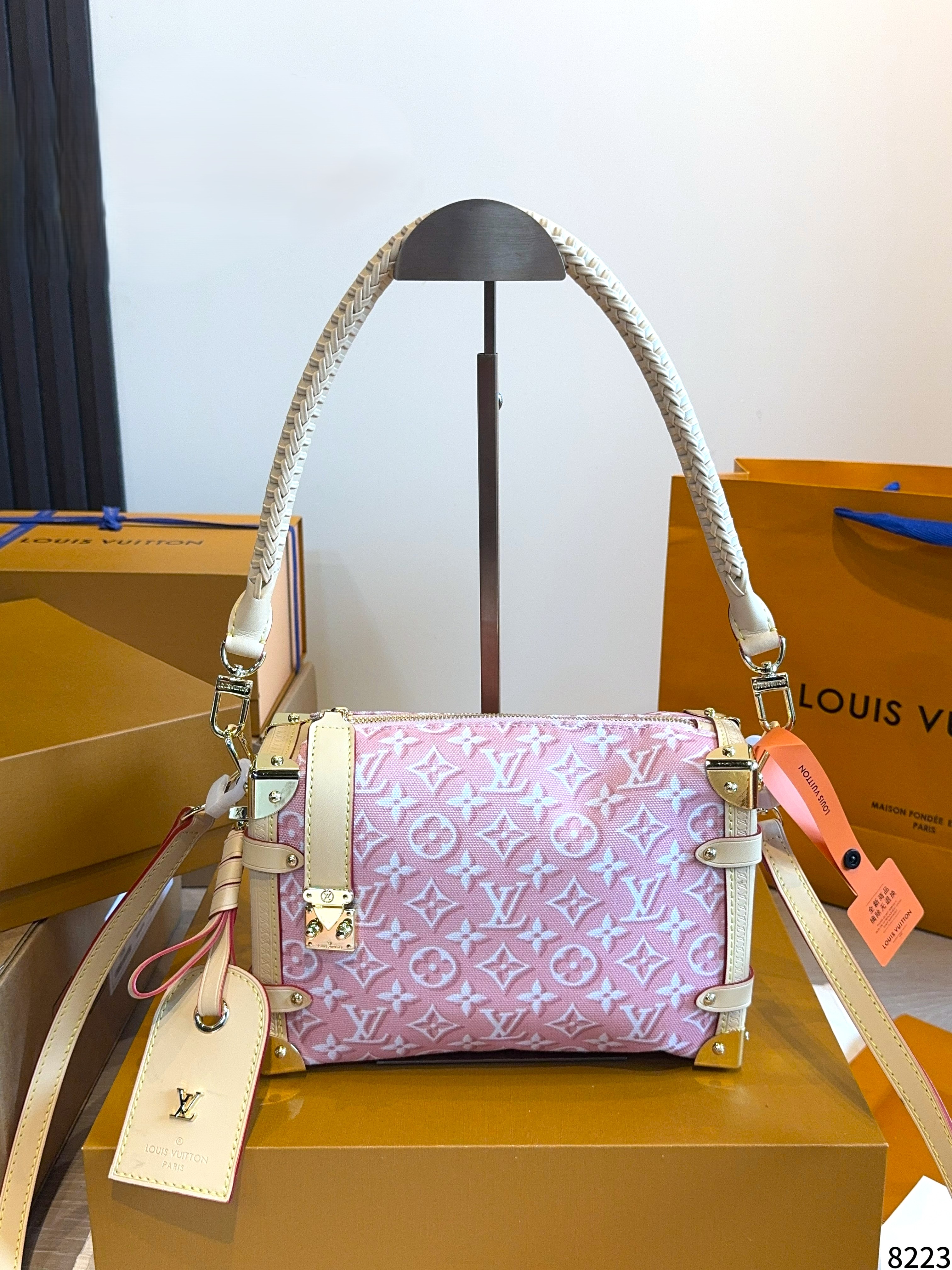 Louis Vuitton LV Side Trunk MM Denim Gray/Pink Monogram S-Lock Soft Braided Leather Top Handle Bags - KAIROO