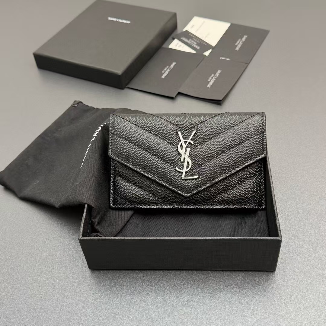 Saint Laurent Black Cassandre Card Case in grained leather