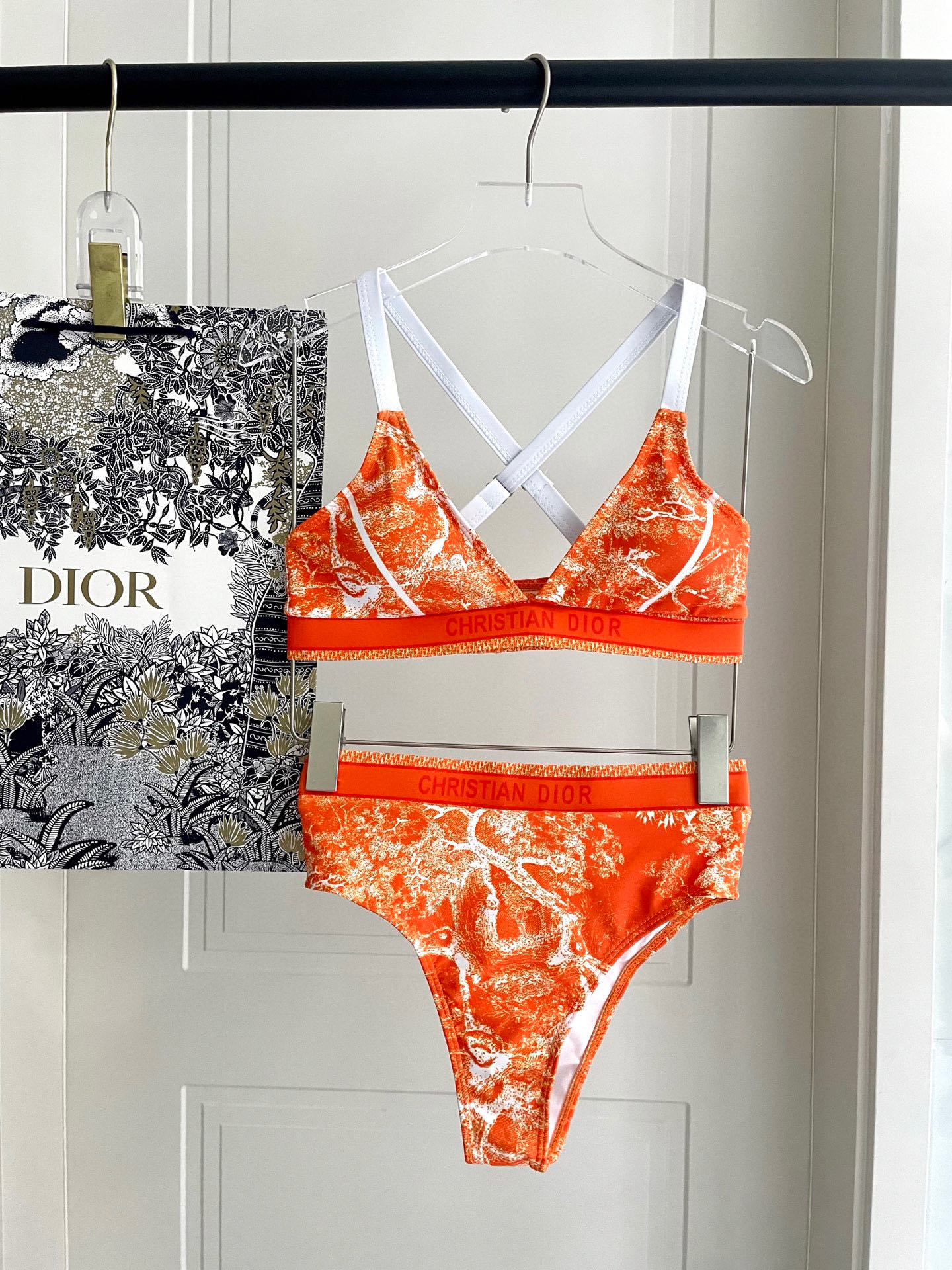 Dior Orange Toile de Jouy Jungle Print Crisscross Strap Triangle Bikini Two-Piece Swimsuit - KAIROO