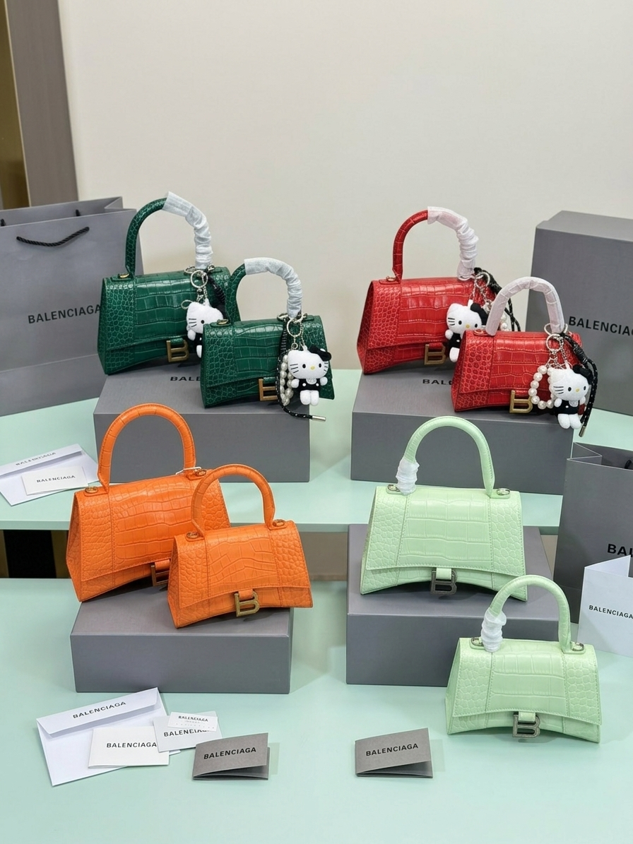 Balenciaga Multi-color Small/Mini Crocodile Embossed Leather B-Logo Curved Base Top Handle Crossbody Hourglass Bag - KAIROO