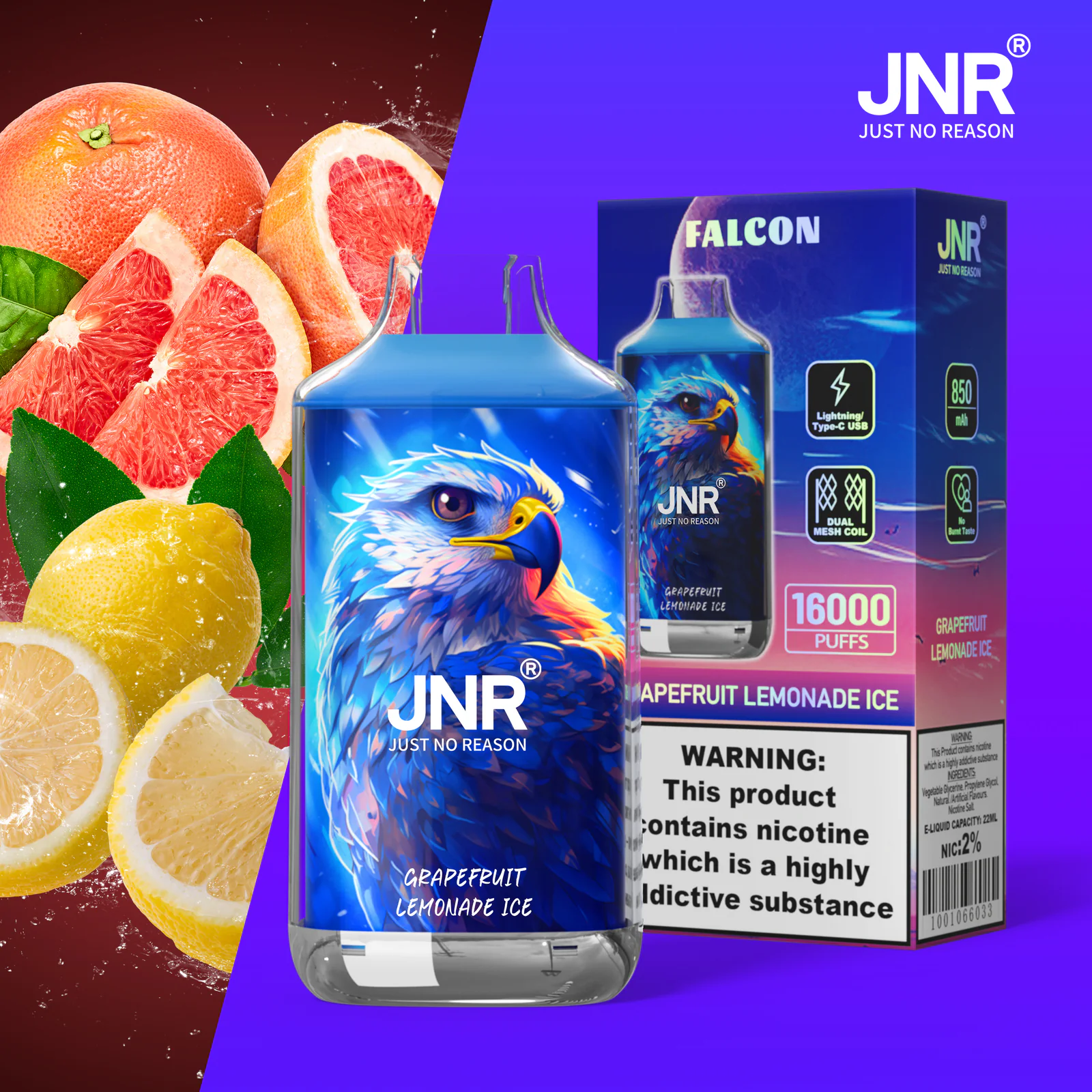 JNR Falcon 16K Rechargeable Disposable Vape – Grapefruit Lemonade Ice