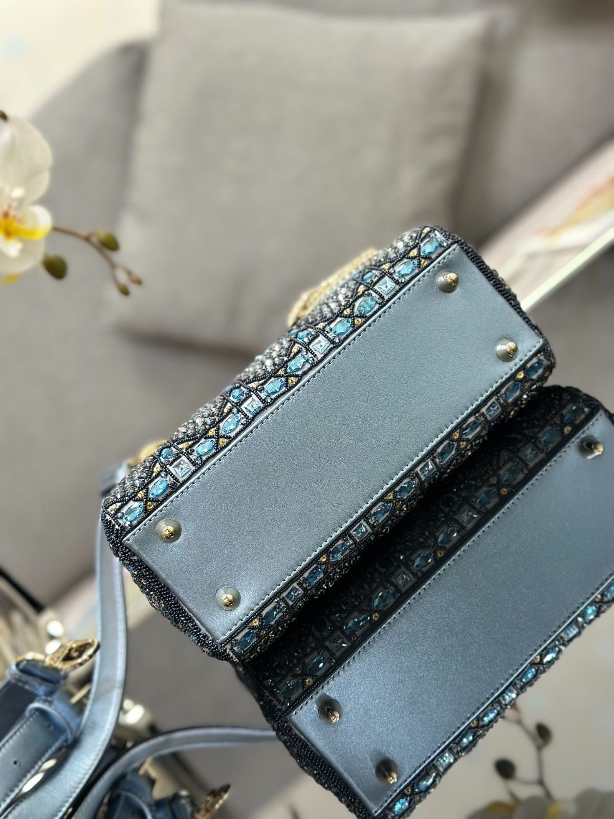 Dior Three-check embroidered Rhinestone blue bag