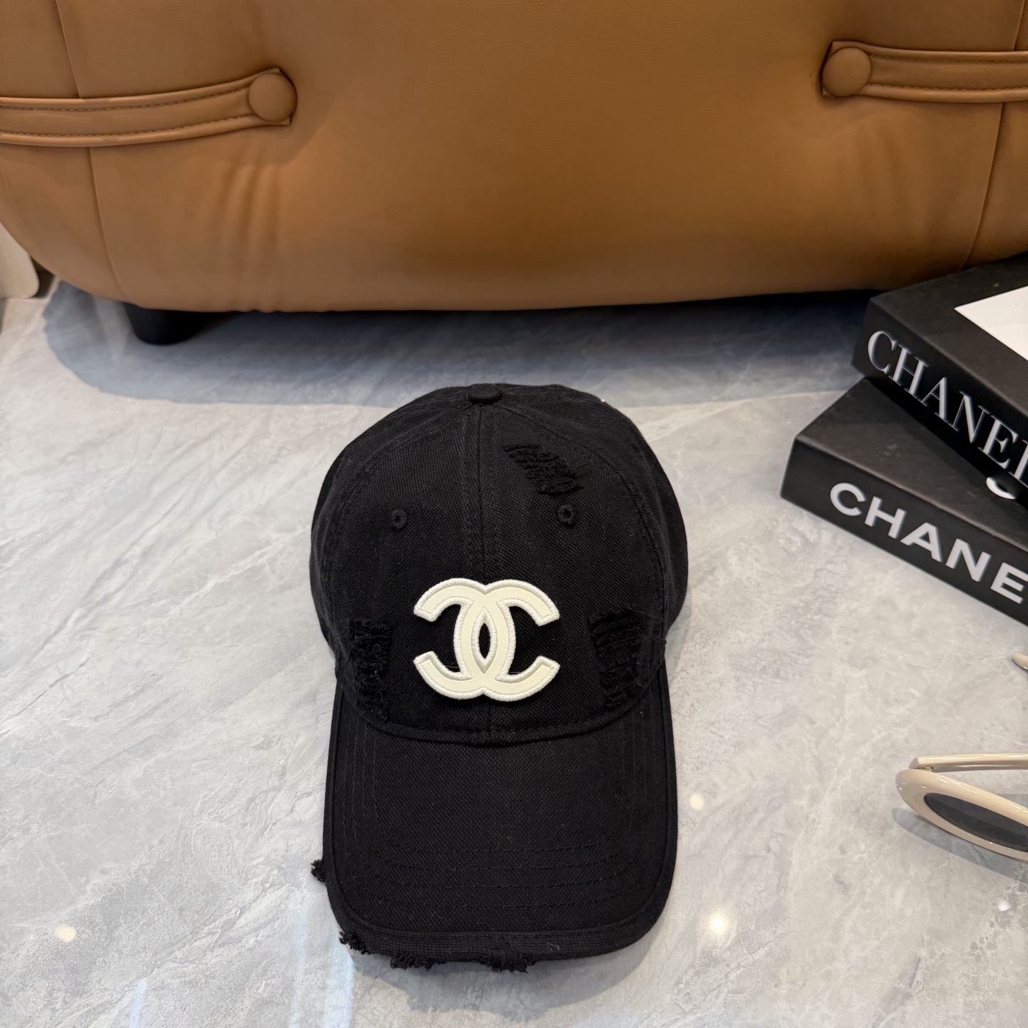 Chanel Distressed Cotton Denim Baseball Cap Hat With Embroidered CC Logo - KAIROO