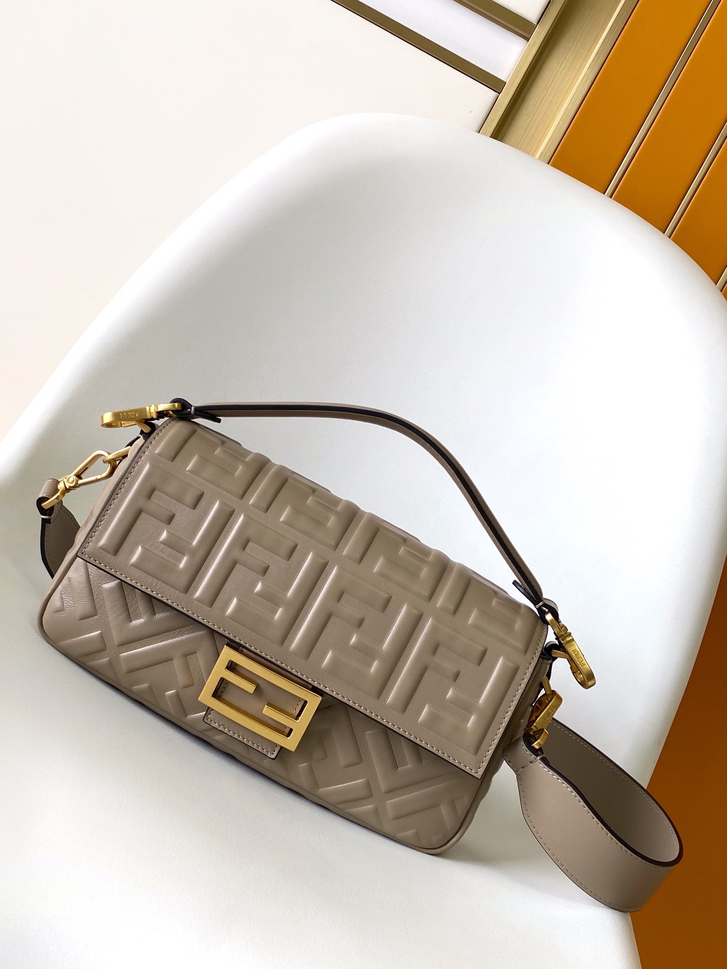 Fendi Medium Baguette FF Embossed Leather Bag-Grey