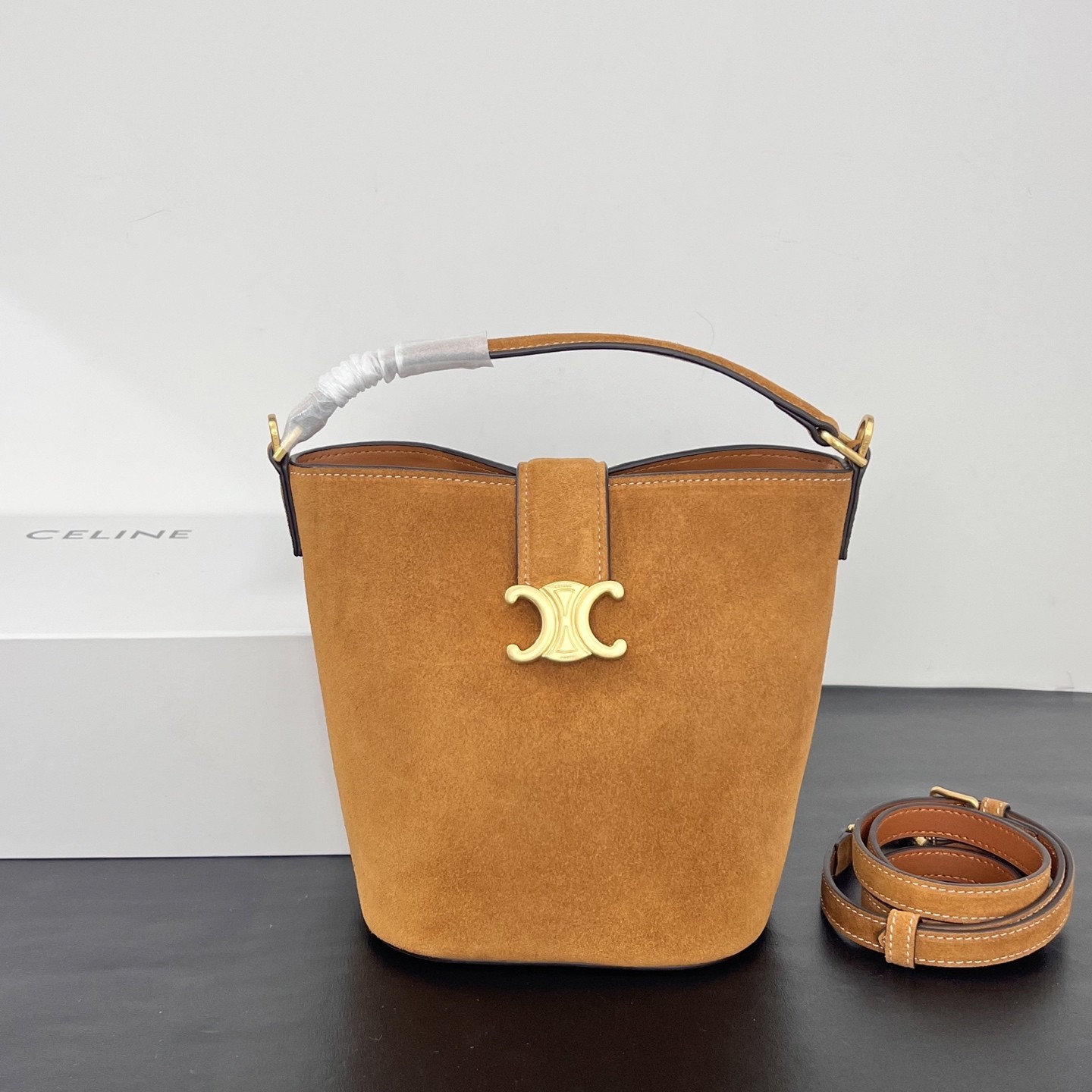 Celine Amber Suede Leather Gold Triomphe Buckle Lock Adjustable Strap Bucket Bag - KAIROO