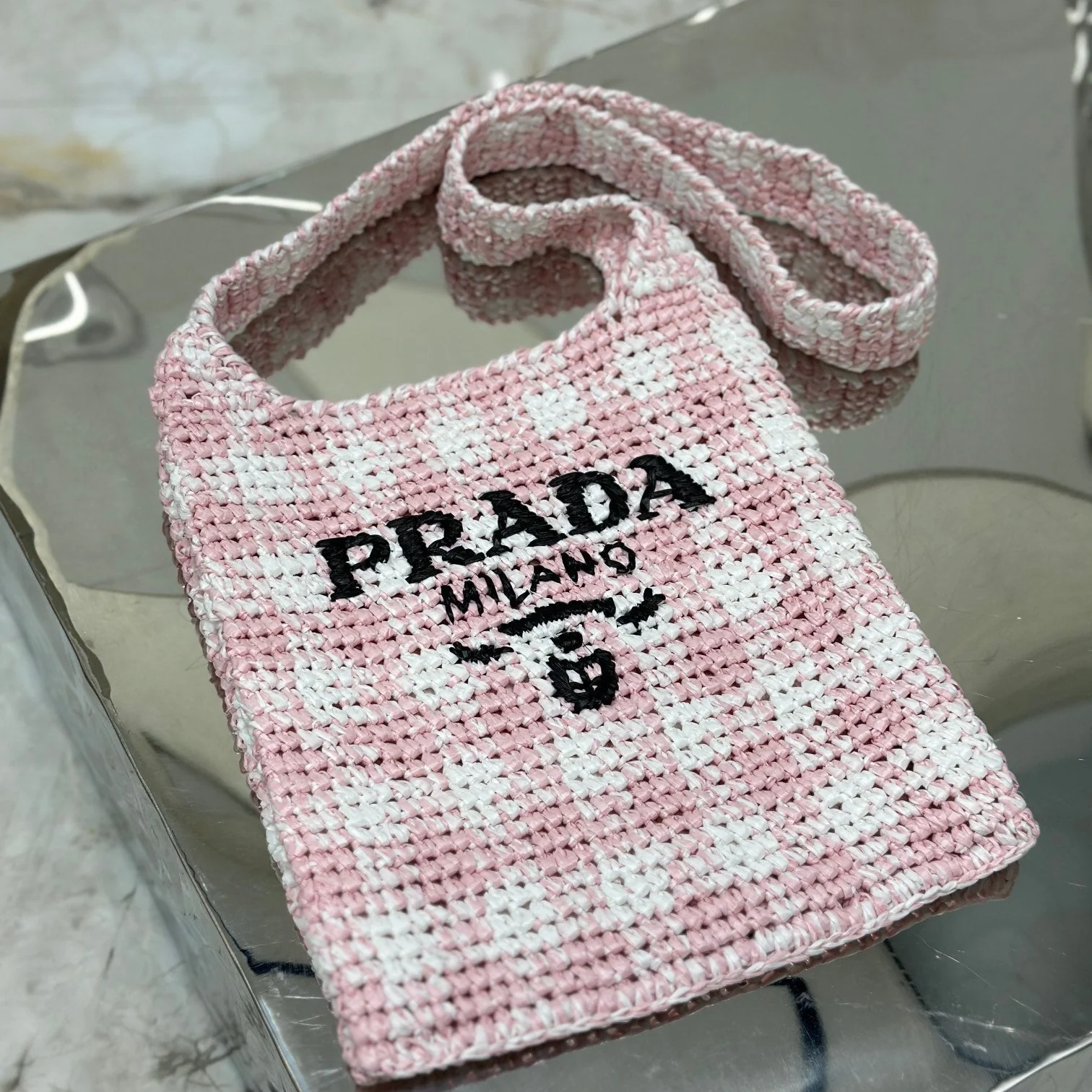 Prada SMALL TOTE BAG 29 IN PINK MIX WHITE AND BLACK WOVEN RAFFIA