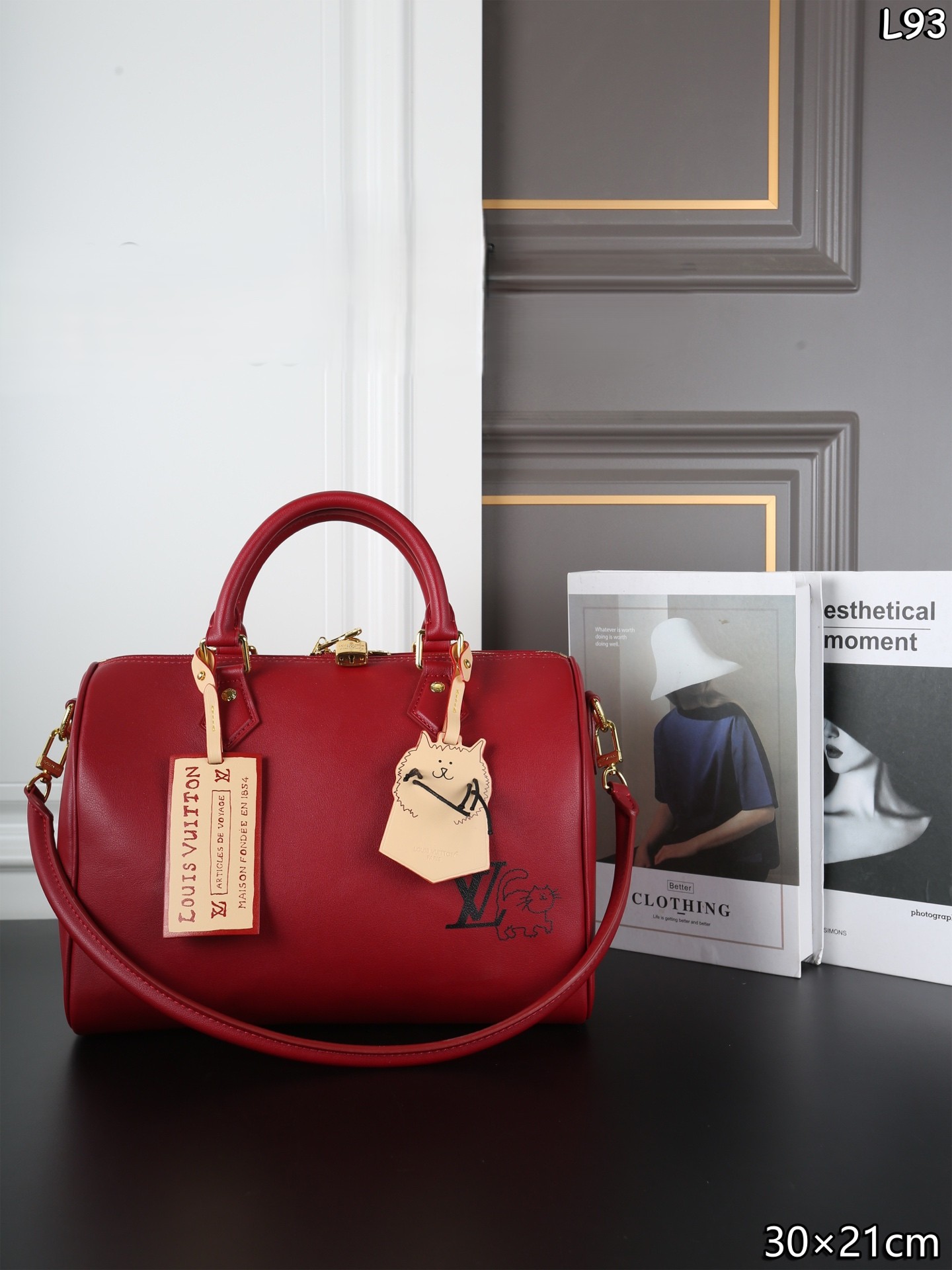Louis Vuitton LV Speedy 30 Red Catogram Printed Cat Tag Charm Smooth Leather Boston Top Handle Bag - KAIROO