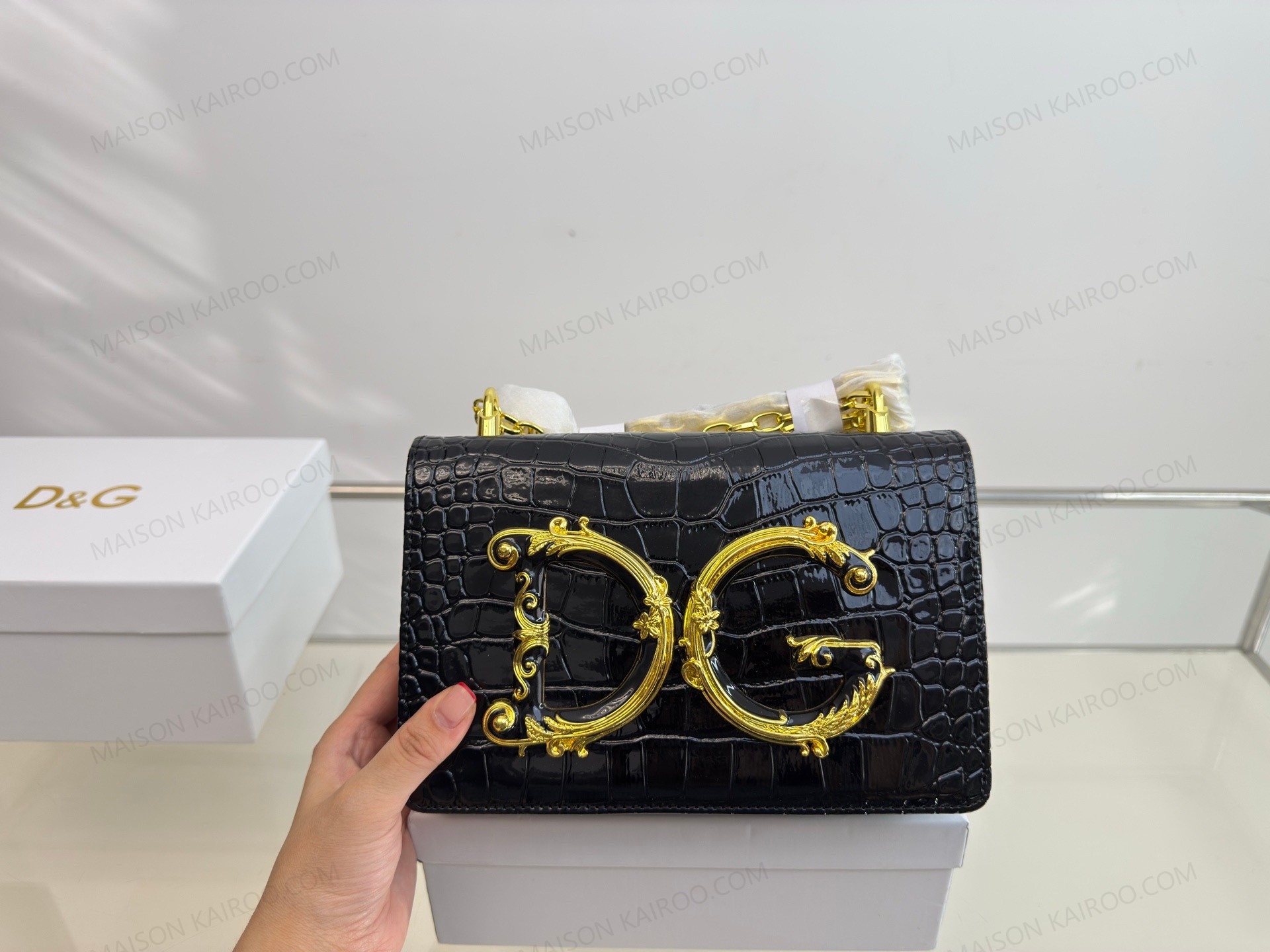 Dolce & Gabbana DG Baroque Logo Shiny Croc Embossed Leather Chain Flap Shoulder Bag - KAIROO