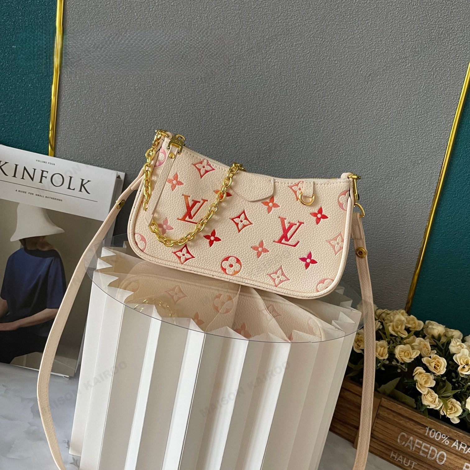 Louis Vuitton LV Easy Pouch On Strap Monogram Pink Red Gradient Embossed Leather Crossbody Bag - KAIROO