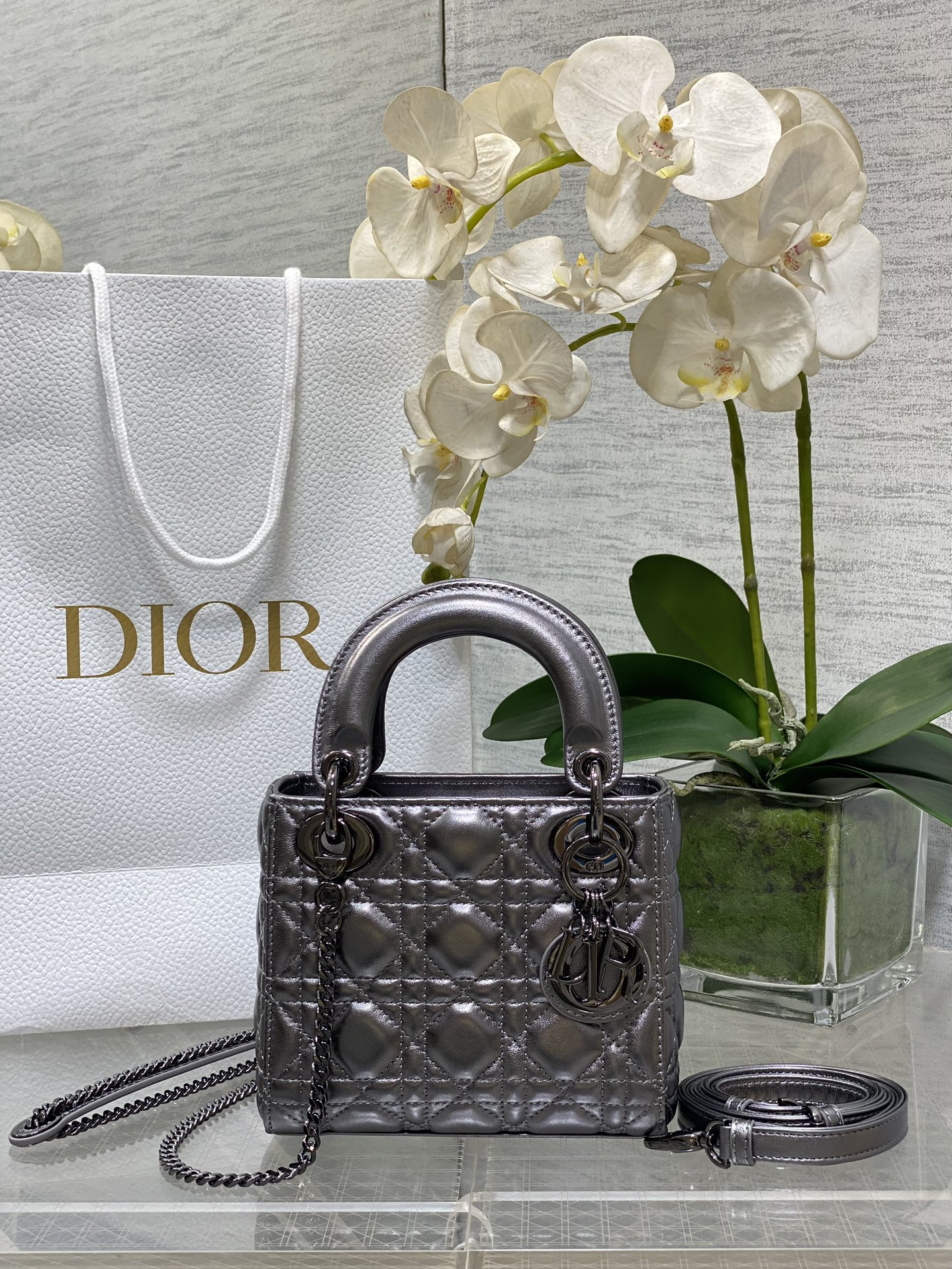 Mini Lady Dior Bag in Metallic Gunmetal Cannage Lambskin