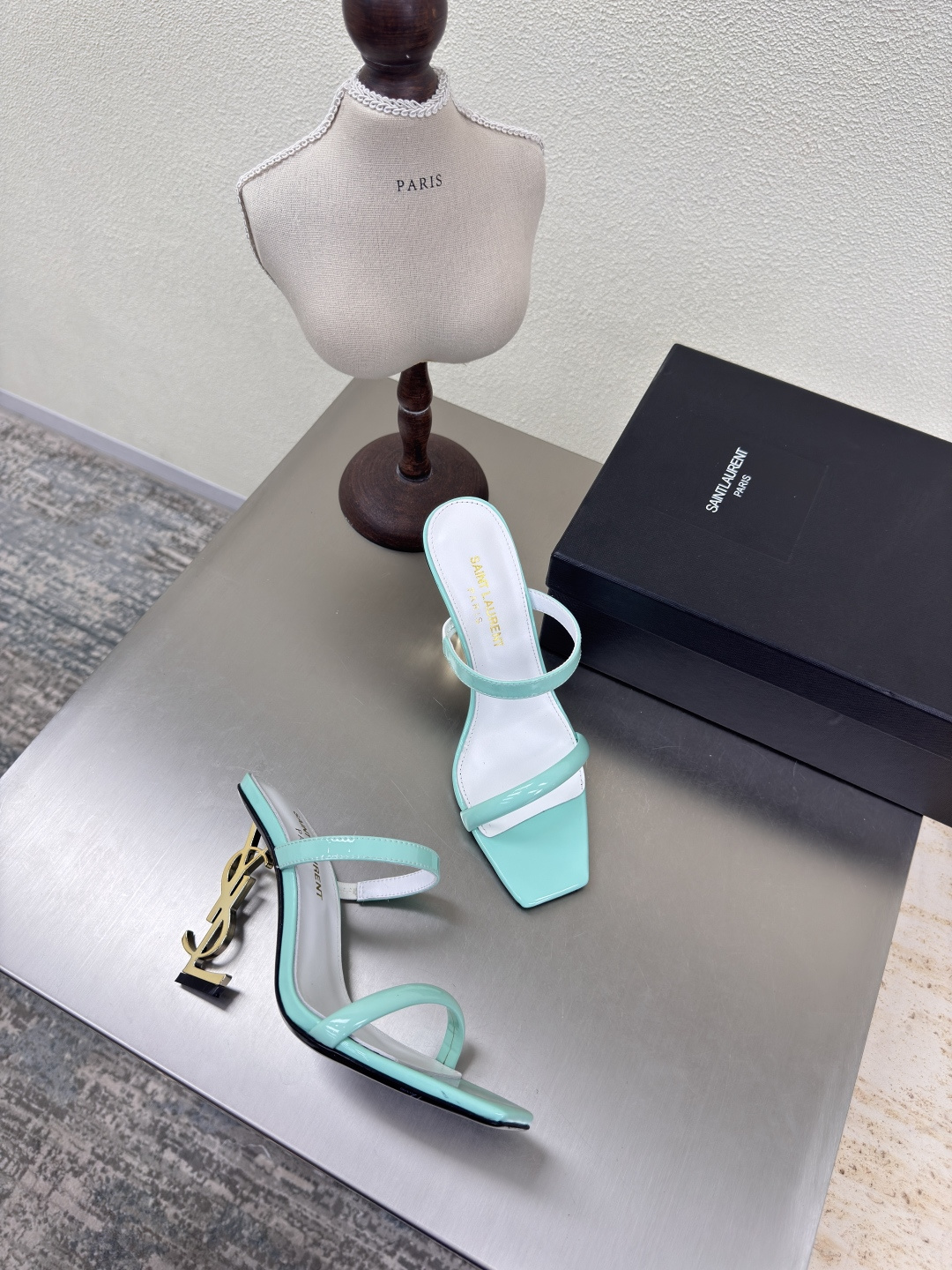 Saint Laurent Mint Green Patent Leather Square Toe Metal YSL Logo Opyum Heel Backless Mules Sandals - KAIROO