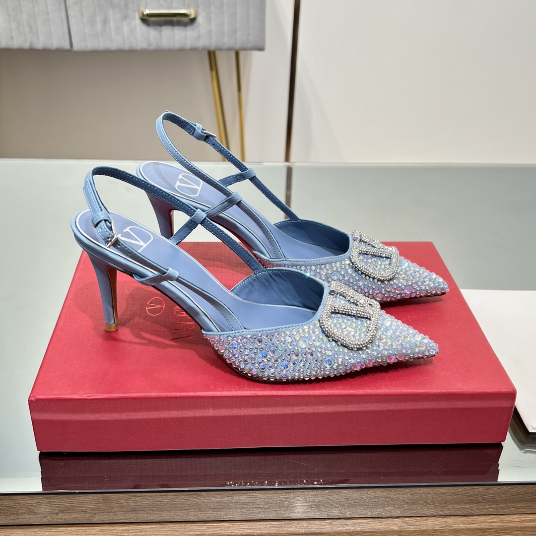 Valentino Garavani Light Blue Satin Allover Strass Crystals VLogo Slingback Pumps Heels - KAIROO