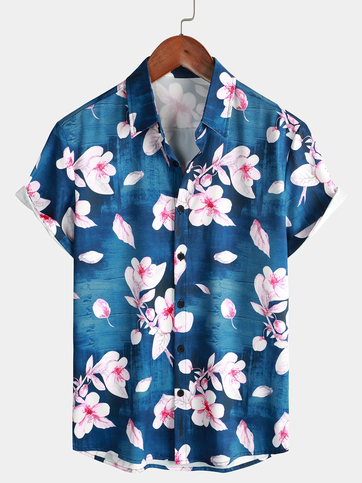 Men's Navy Blue Floral Print Casual Lapel Button-Up Summer Short Sleeve Shirt