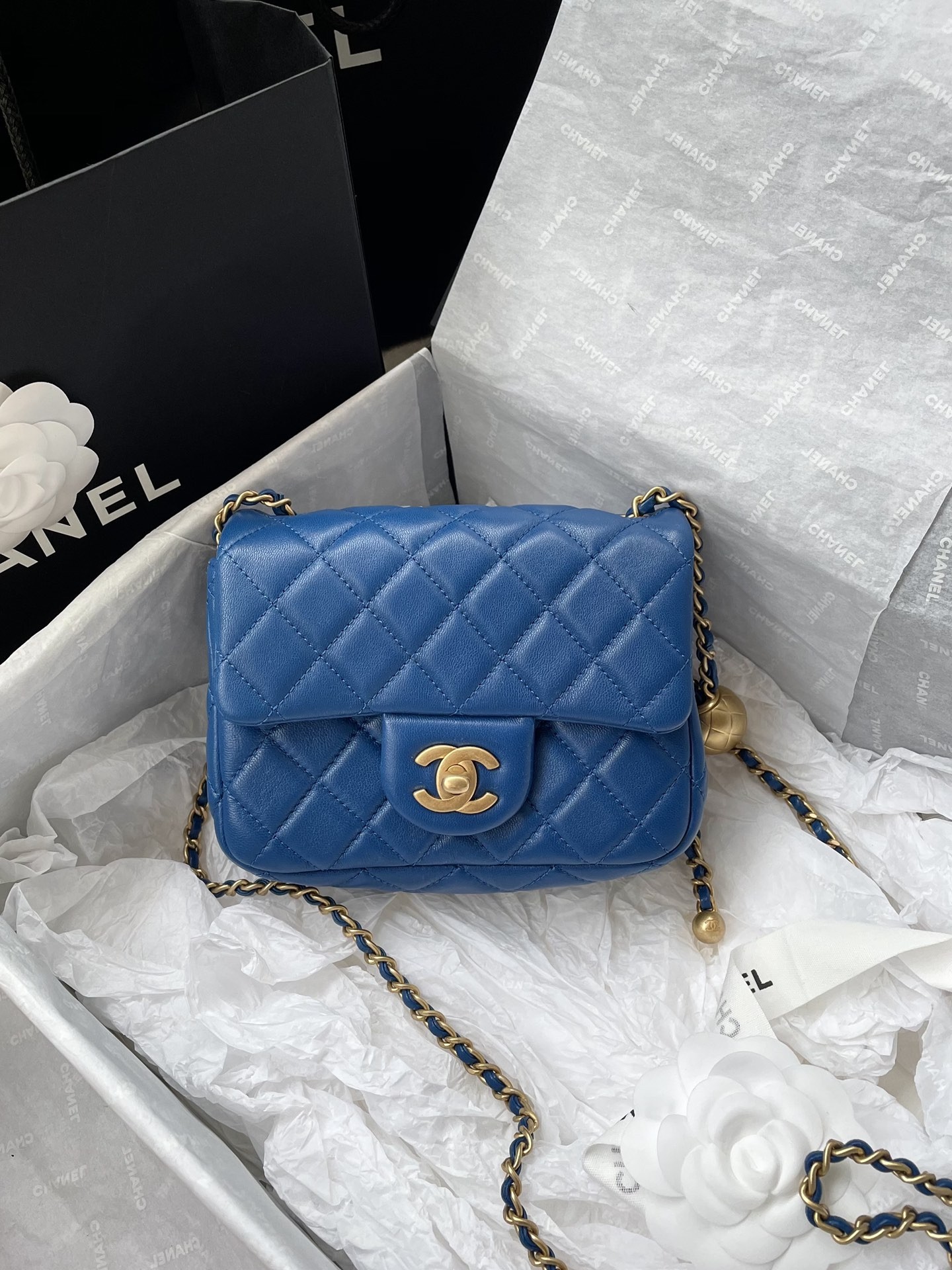 Chanel Mini Square CF 17CM Gold Ball Pearl Crush Quilted Leather Flap Chain Shoulder Bag - KAIROO