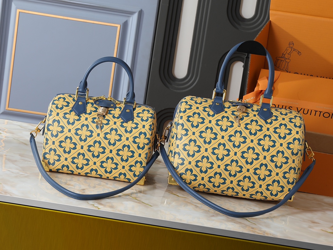 Louis Vuitton LV Speedy 20/26 Trunk Monogram Heritage Yellow Blue Leather Studded Boston Top Handle Bag - KAIROO