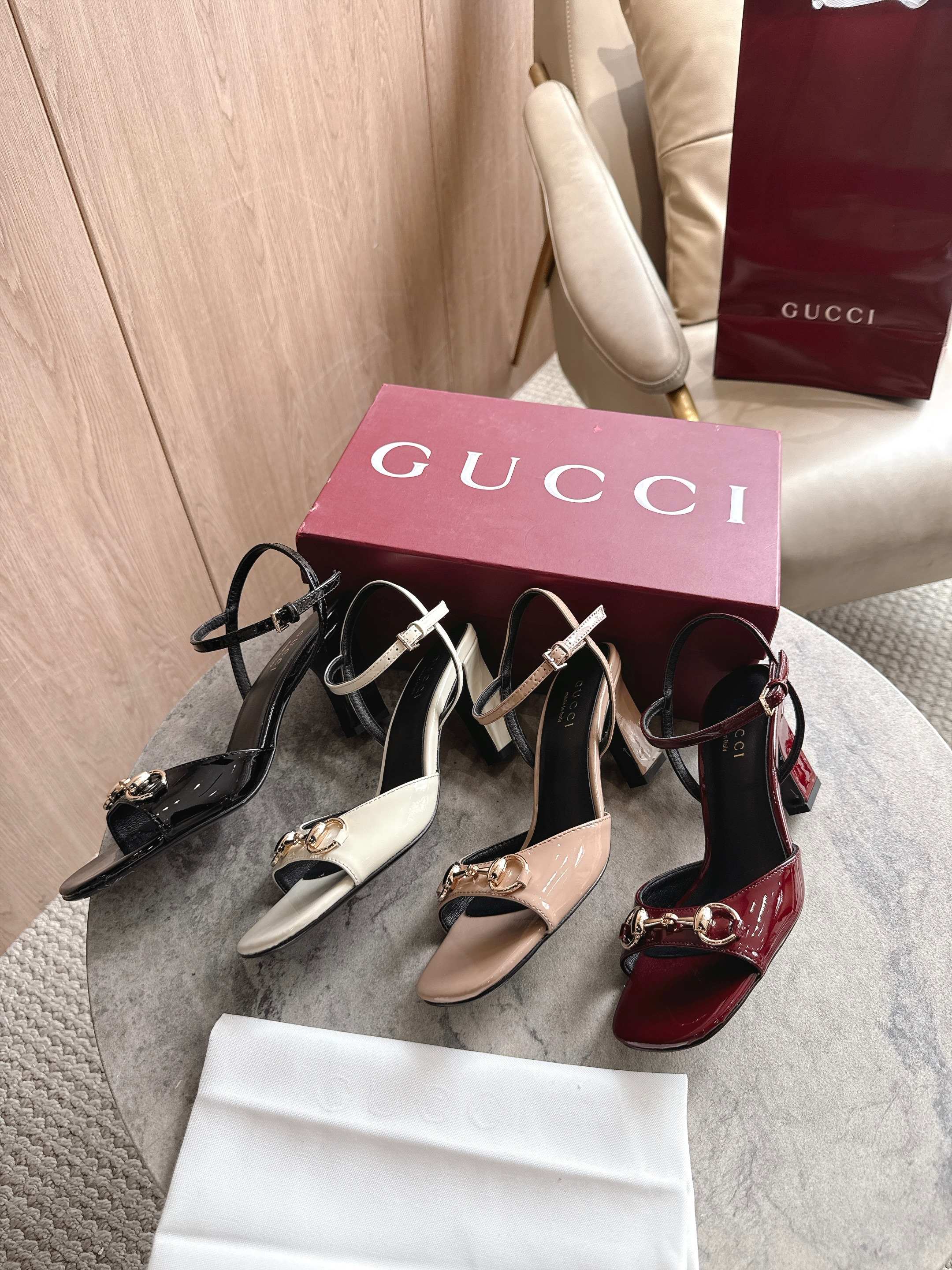 Gucci Horsebit Patent Leather Square Toe Ankle Strap Block Heel Sandals - KAIROO
