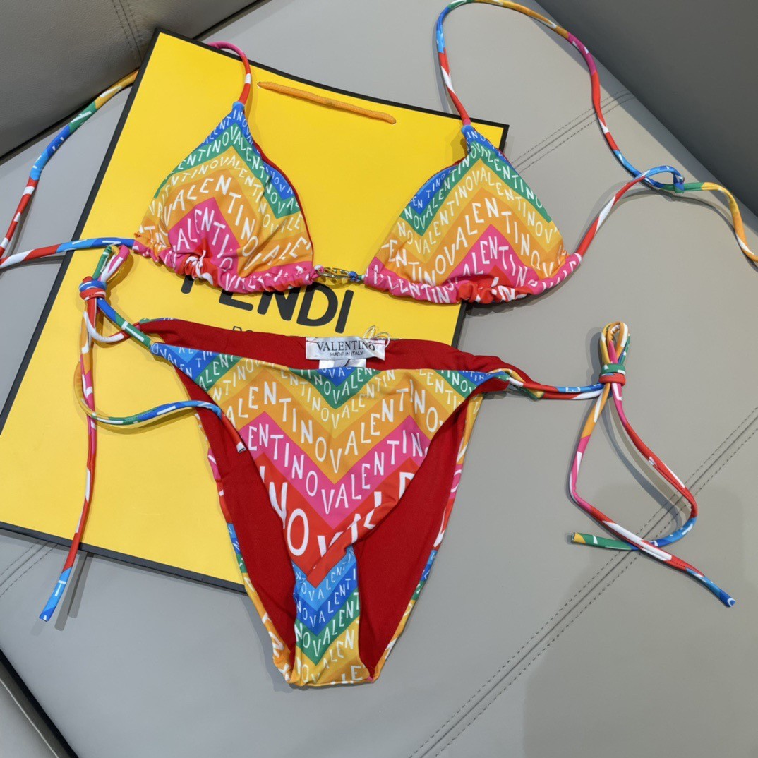 Valentino Garavani Chevron 24 Vibrant Rainbow Chevron V-pattern Triangle Bikini Two-Piece Swimsuit - KAIROO