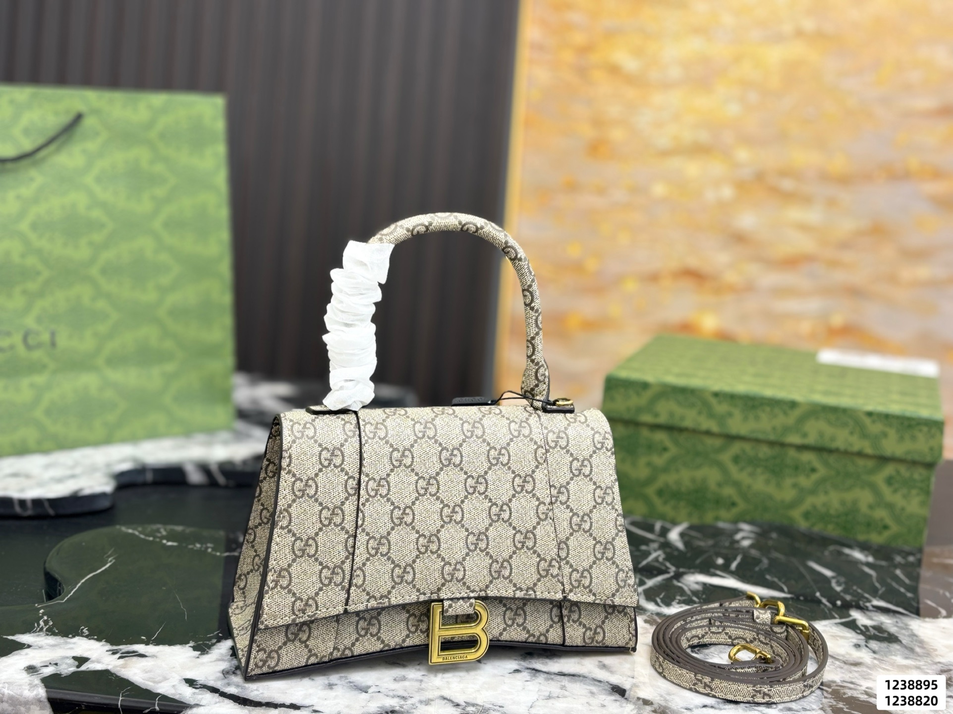 Balenciaga × Gucci GG Monogram Hacker Coated Canvas Gold B-Hardware Hourglass Bag - KAIROO