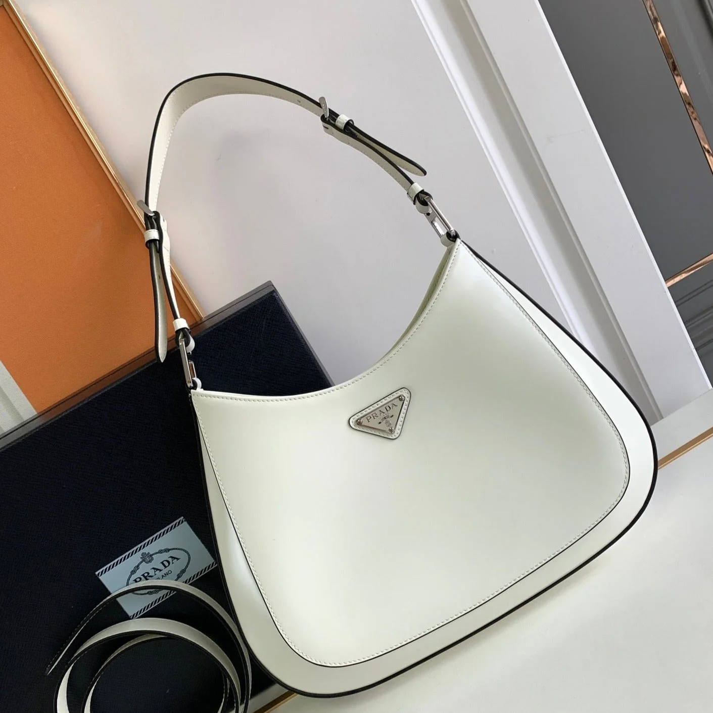 Prada CLEO 30 WHITE BLACK BRUSHED LEATHER SHOULDER BAG