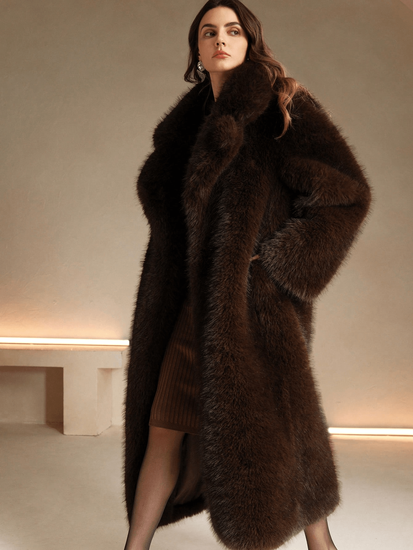 Women Faux Fur Trim Long Elegant Winter Coat