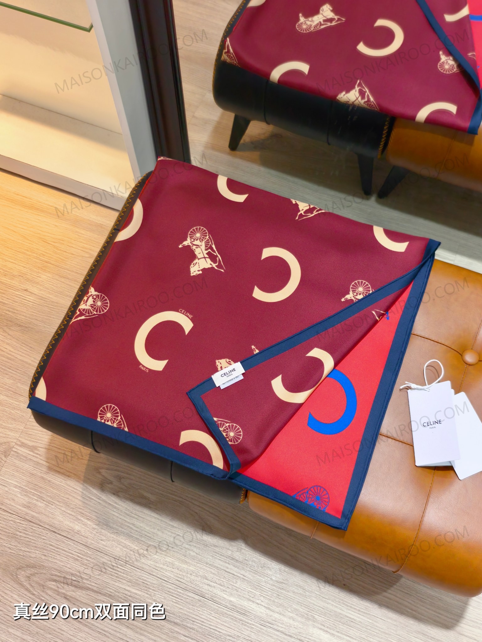 Celine Red & Burgundy Split Carriage Square Scarf - KAIROO
