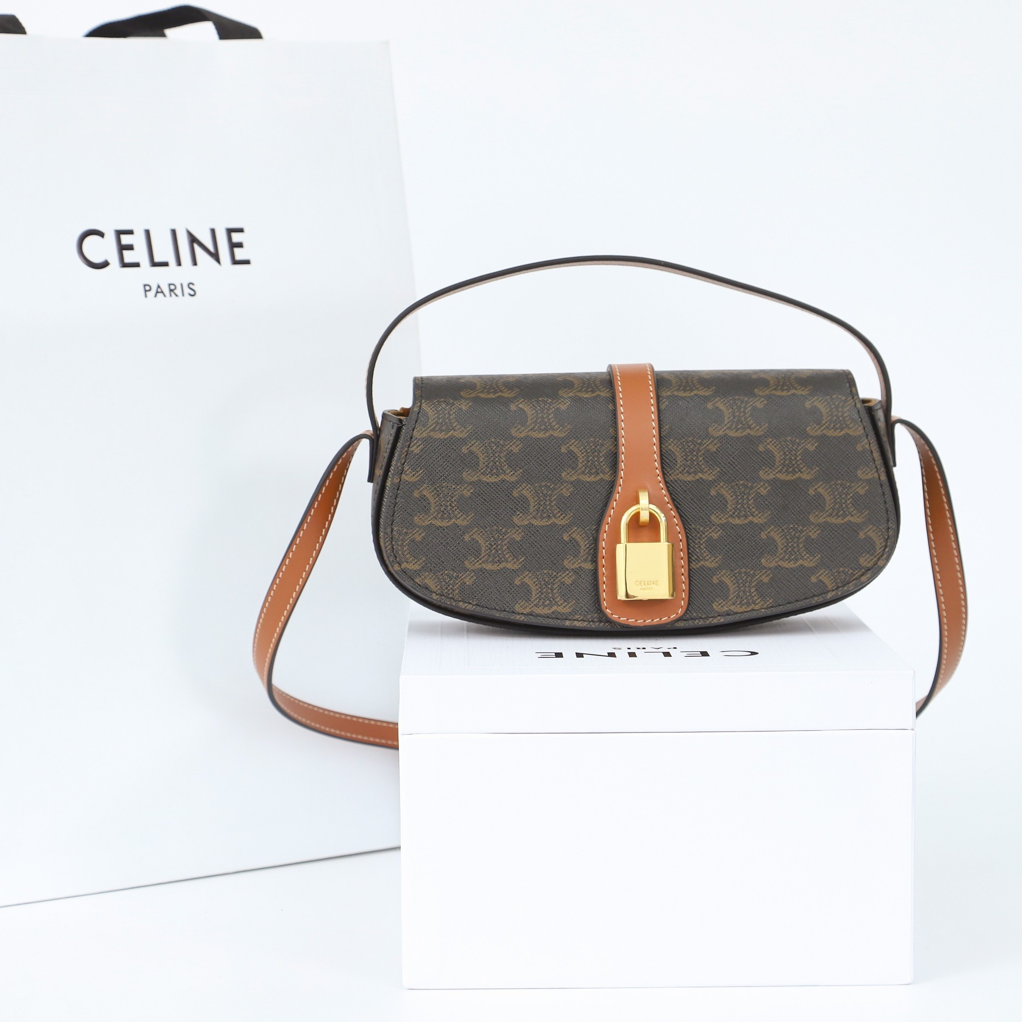 Celine Mini Tabou Triomphe Monogram Leather Semi-oval Lock Flap Shoulder Bag - KAIROO