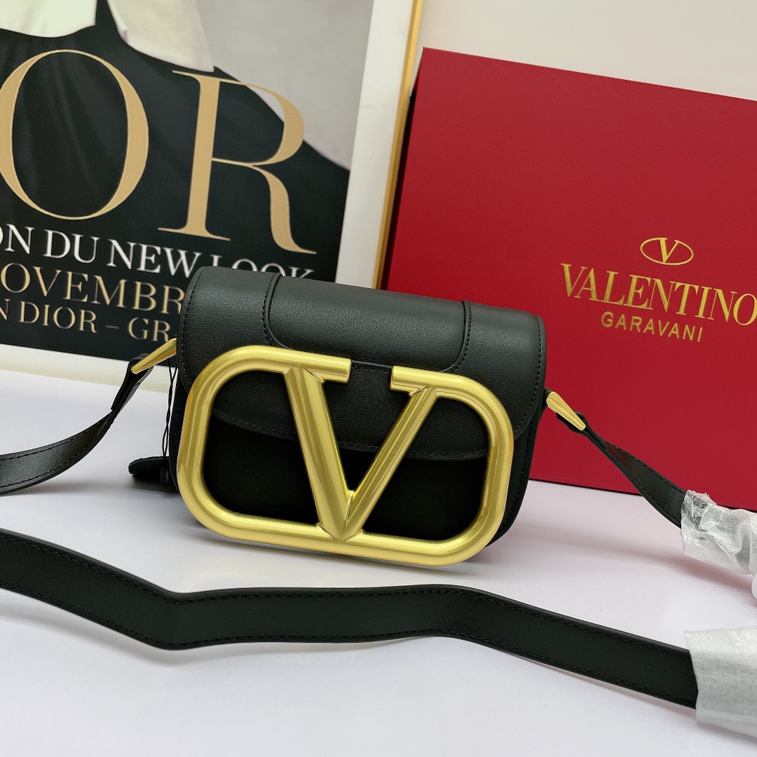 Valentino Mini& Small Oversized VLogo Signature Black Leather Maxi Gold Hardware Flap Shoulder Bag - KAIROO