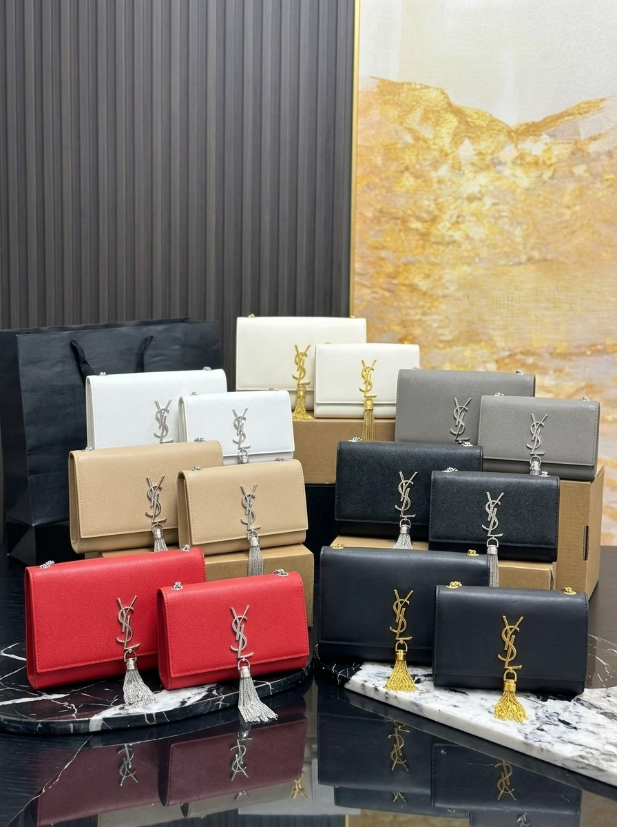 Saint Laurent YSL Kate Small& Medium Grained Leather Chain Gold/Silver Tassel Shoulder Bag - KAIROO