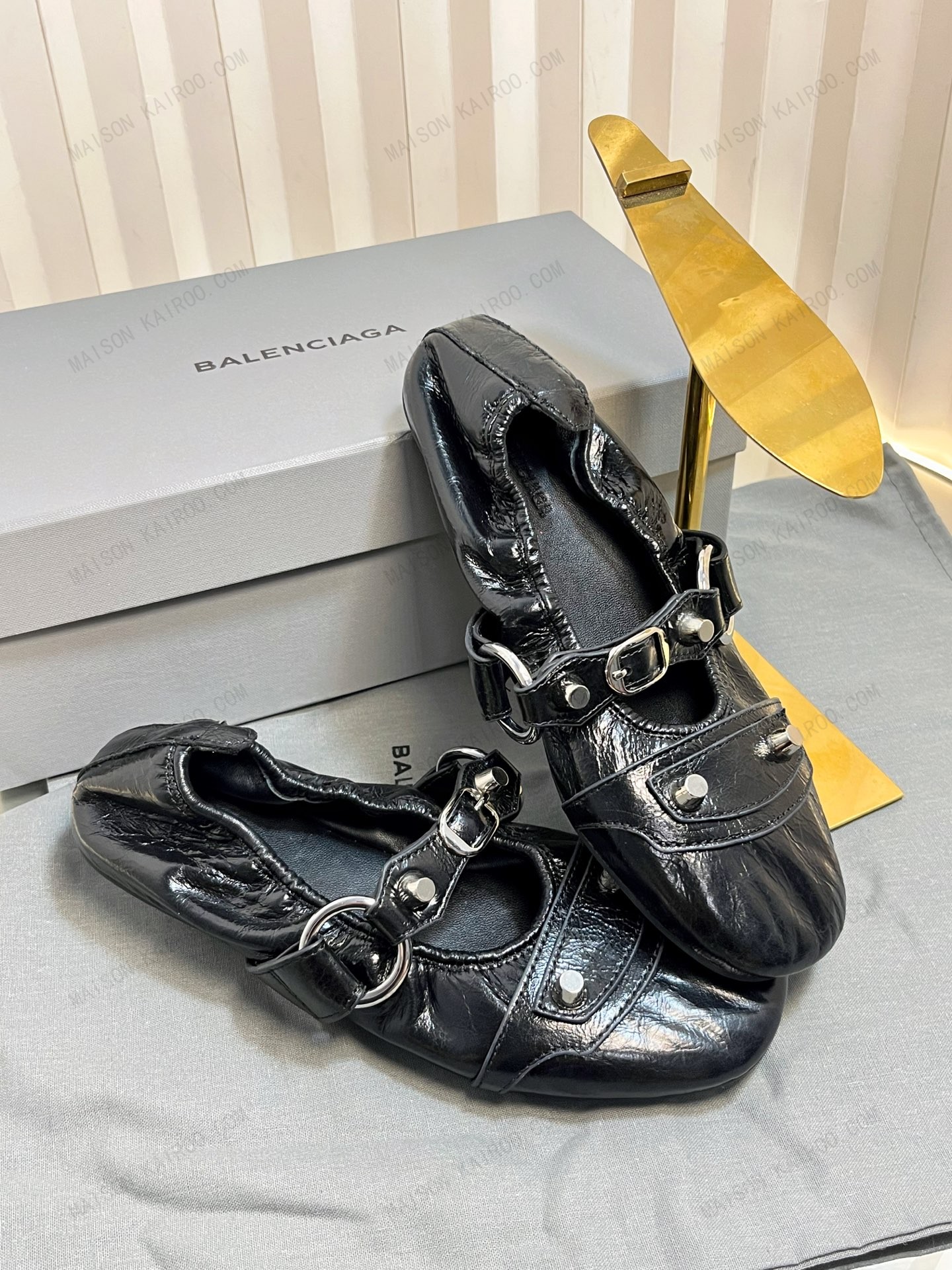 Balenciaga Le Cagole Arena Black Studded Crinkled Leather Buckle Strap Mary Jane Ballerina Flats - KAIROO