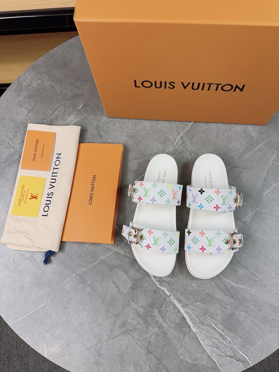 Louis Vuitton x Takashi Murakami Monogram Multicolore Canvas Bom Dia Double Strap Buckle Slides Sandals - KAIROO