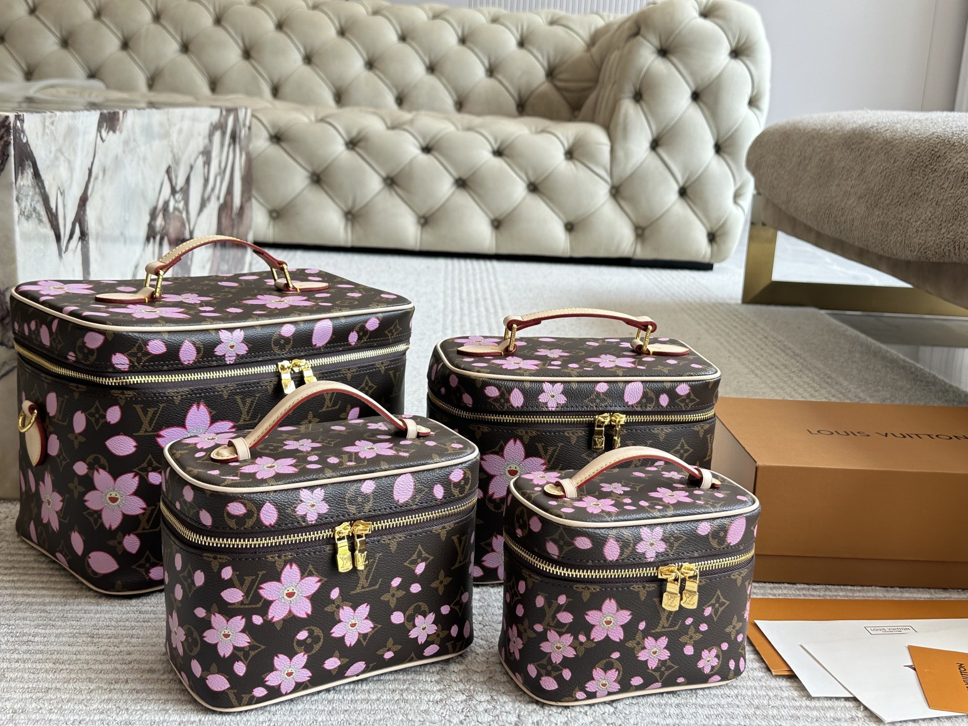 Louis Vuitton LV x TM Monogram Canvas  Pink Cherry Blossom Nice Vanity Cosmetic Case Top Handle Bag - KAIROO