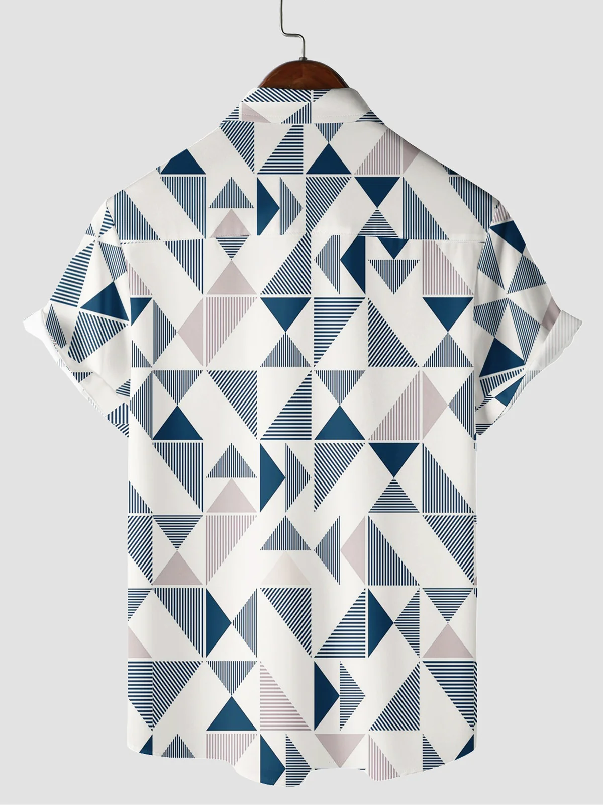 Men's Blue White Geometric Triangle Print Summer Beach Button-Up Short Sleeve Shirt