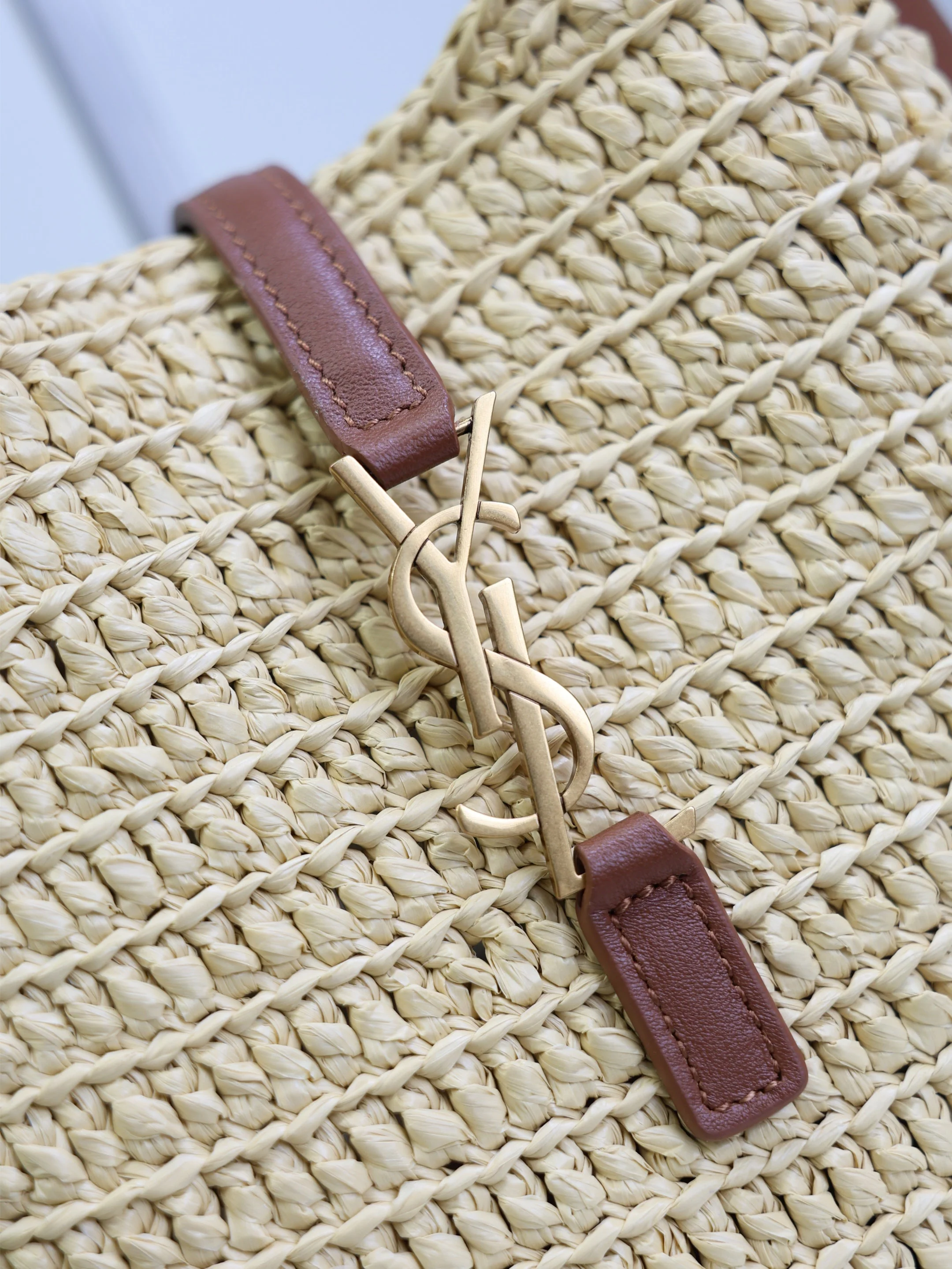 Saint Laurent YSL LE 5A7 Mini 15cm Brown Beige Raffia Leather GHW
