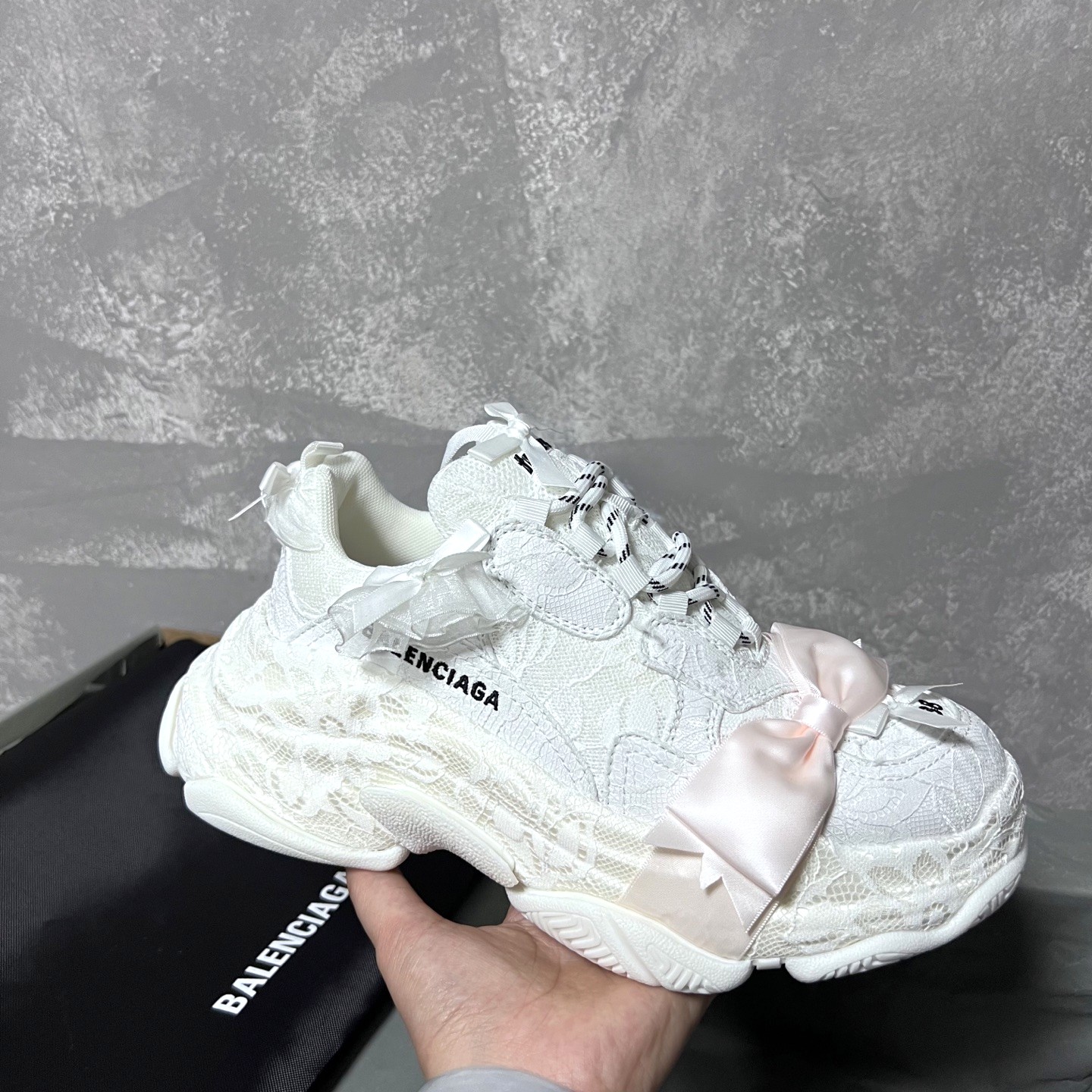 Balenciaga Triple S White Lace Mesh Fabric Pink Ribbon Satin Bow Lace Up Chunky Sneakers - KAIROO