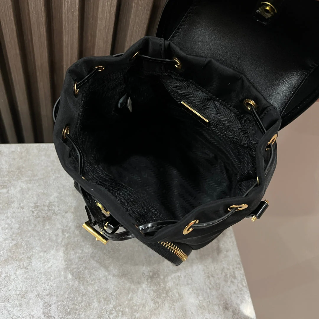 Prada MINI BACKPACK 18 IN BLACK RE-NYLON AND GLOSSY CALFSKIN GOLD HARDWARE