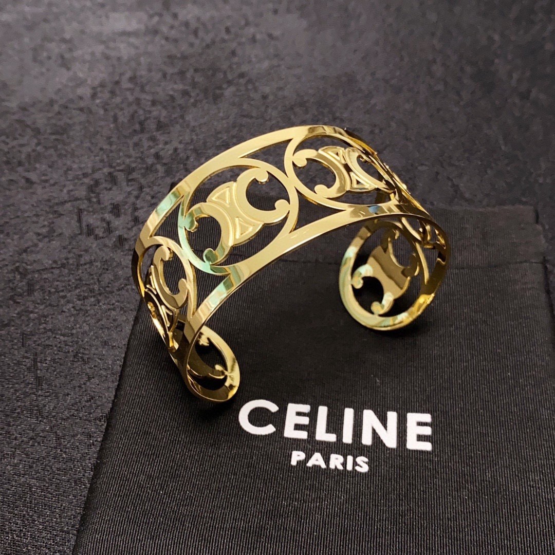 Celine Gold Finish Continuous Triomphe Logo Openworked Wide Cuff Bangle - KAIROO