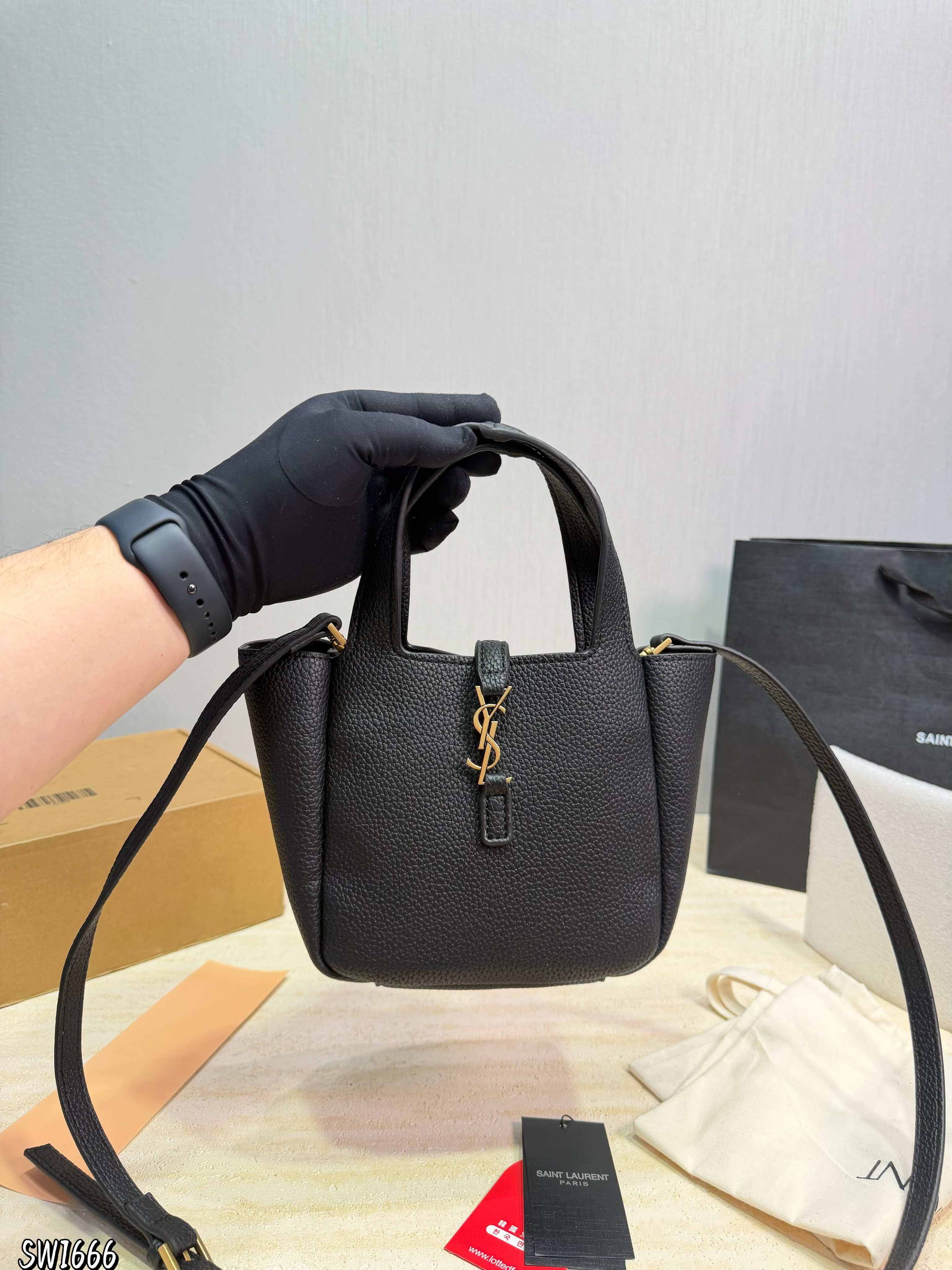 Saint Laurent Mini Bea Hobo Grain Leather YSL Front Toggle Fold Wing Tote Bucket Shoulder Bag - KAIROO
