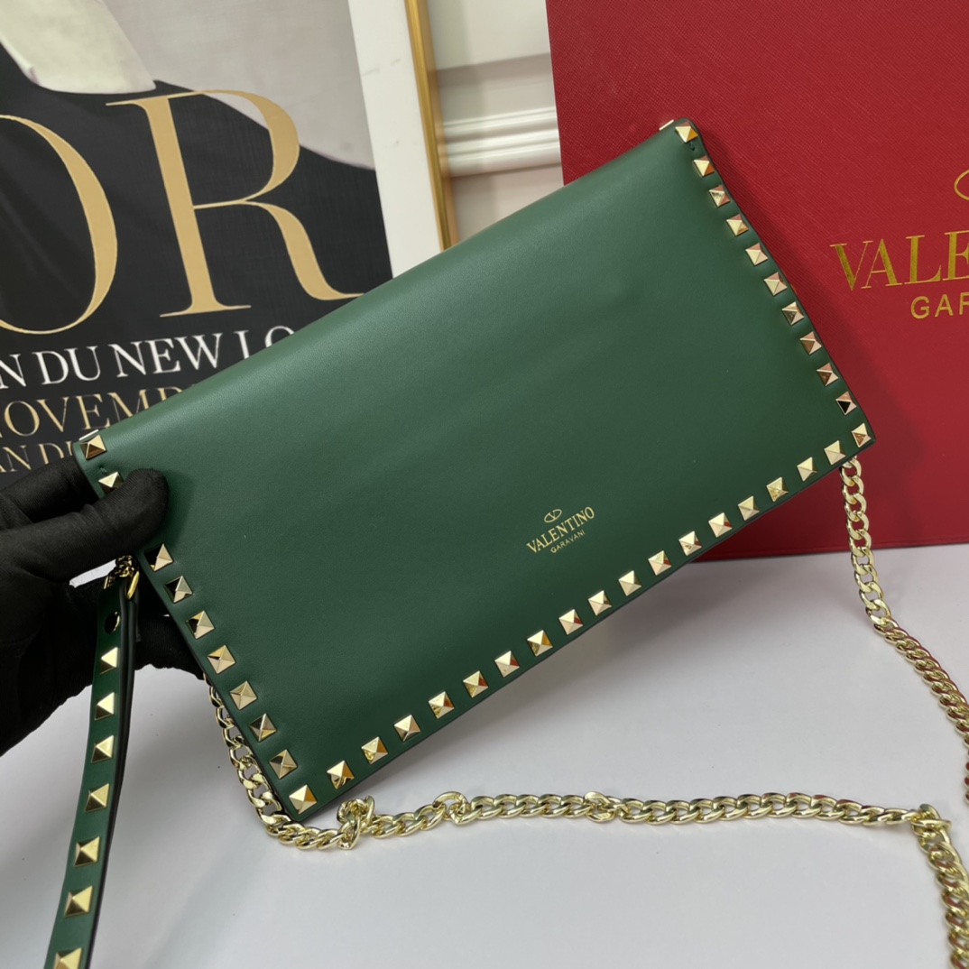Valentino Rockstud Green Leather Studs Flap Wristlet Strap Clutch Chain Envelope Crossbody Bag - KAIROO