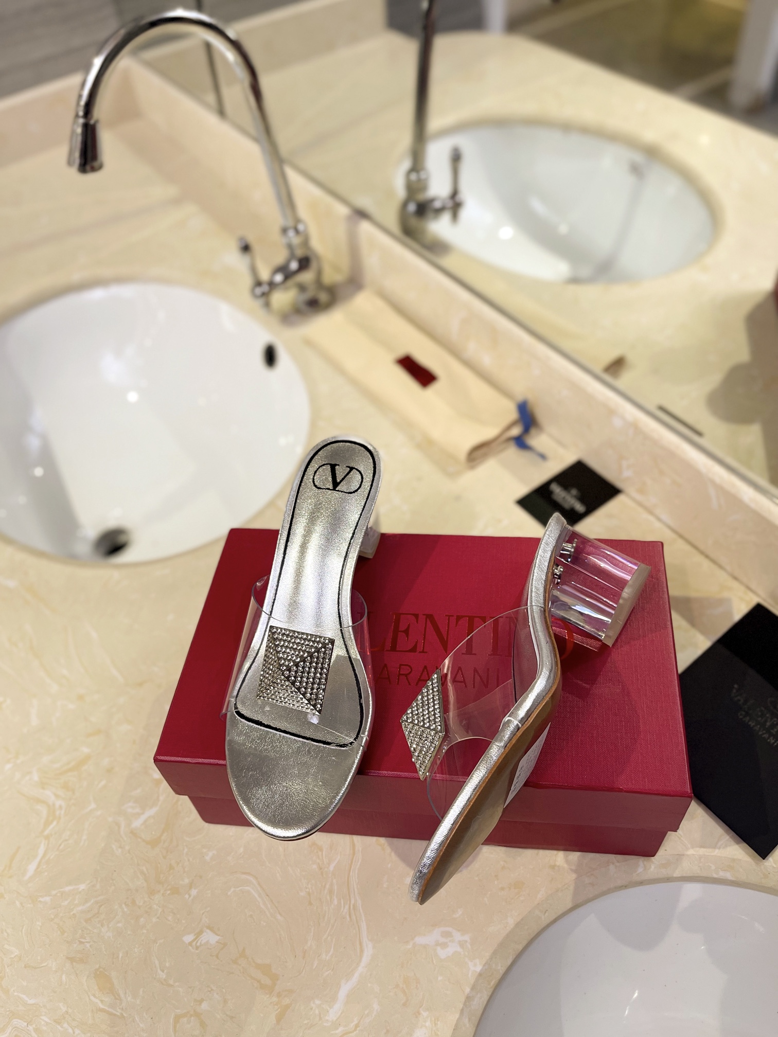 Valentino Rockstud Spike Silver Leather Square Crystal Stud Clear PVC Strap Block Slip-on Mules Heels - KAIROO