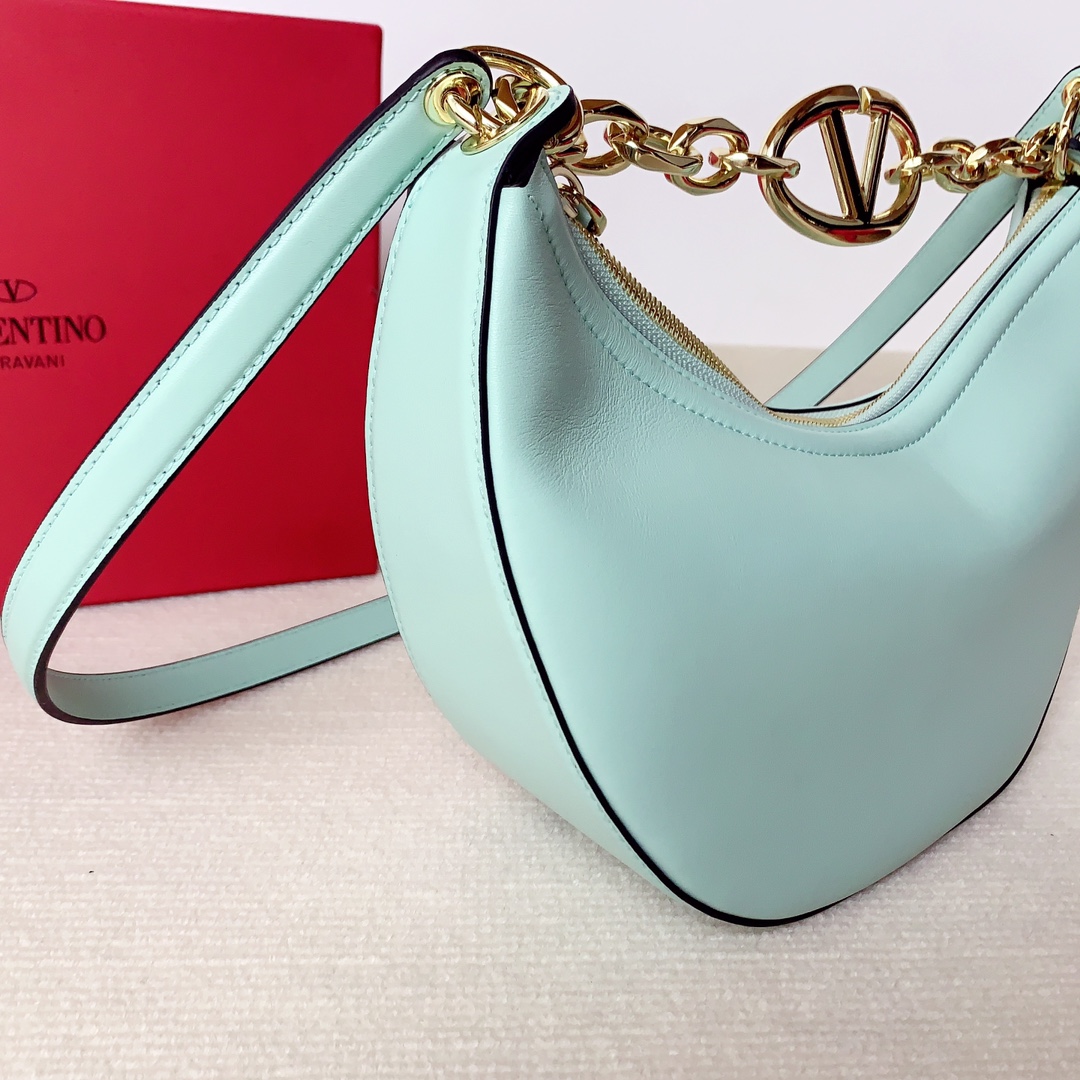 Valentino Small Vlogo Moon Hobo in Smooth Calfskin-Light blue