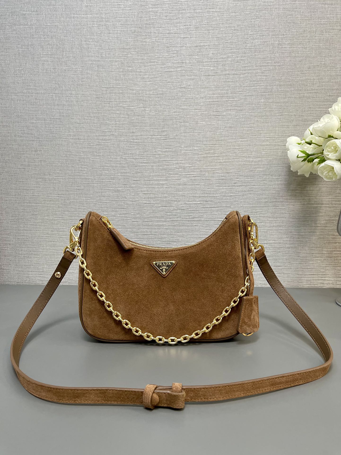 Prada HOBO BAG 23 IN RUSSET BROWN SUEDE GOLD CHAIN