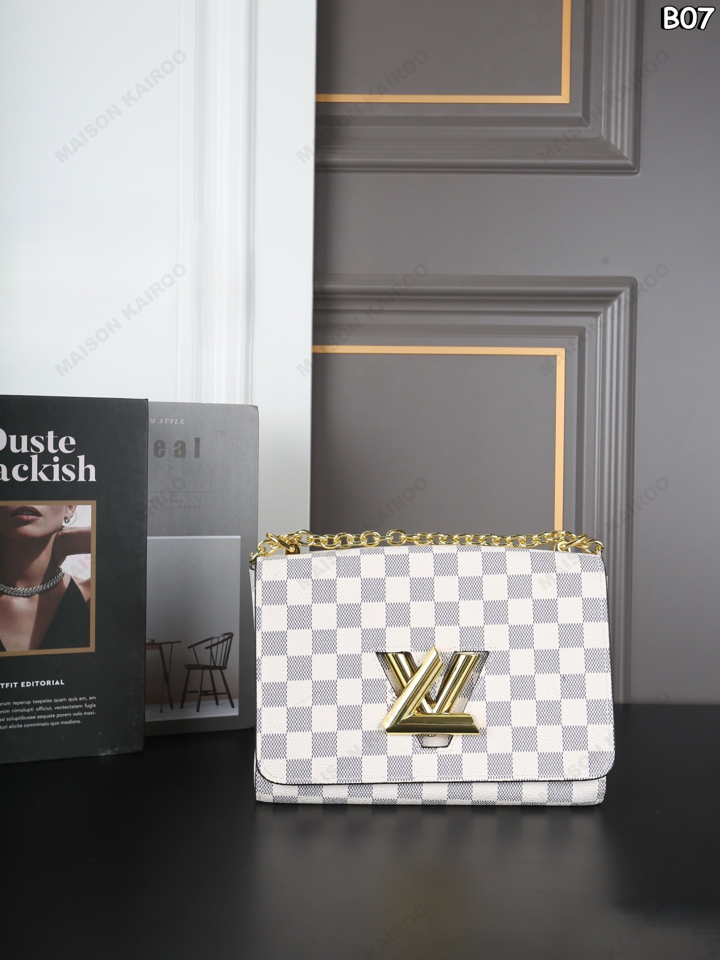 Louis Vuitton LV Twist Lock MM Damier Ebene& Azur Canvas Leather Gold Logo Flap Chain Shoulder Bag - KAIROO