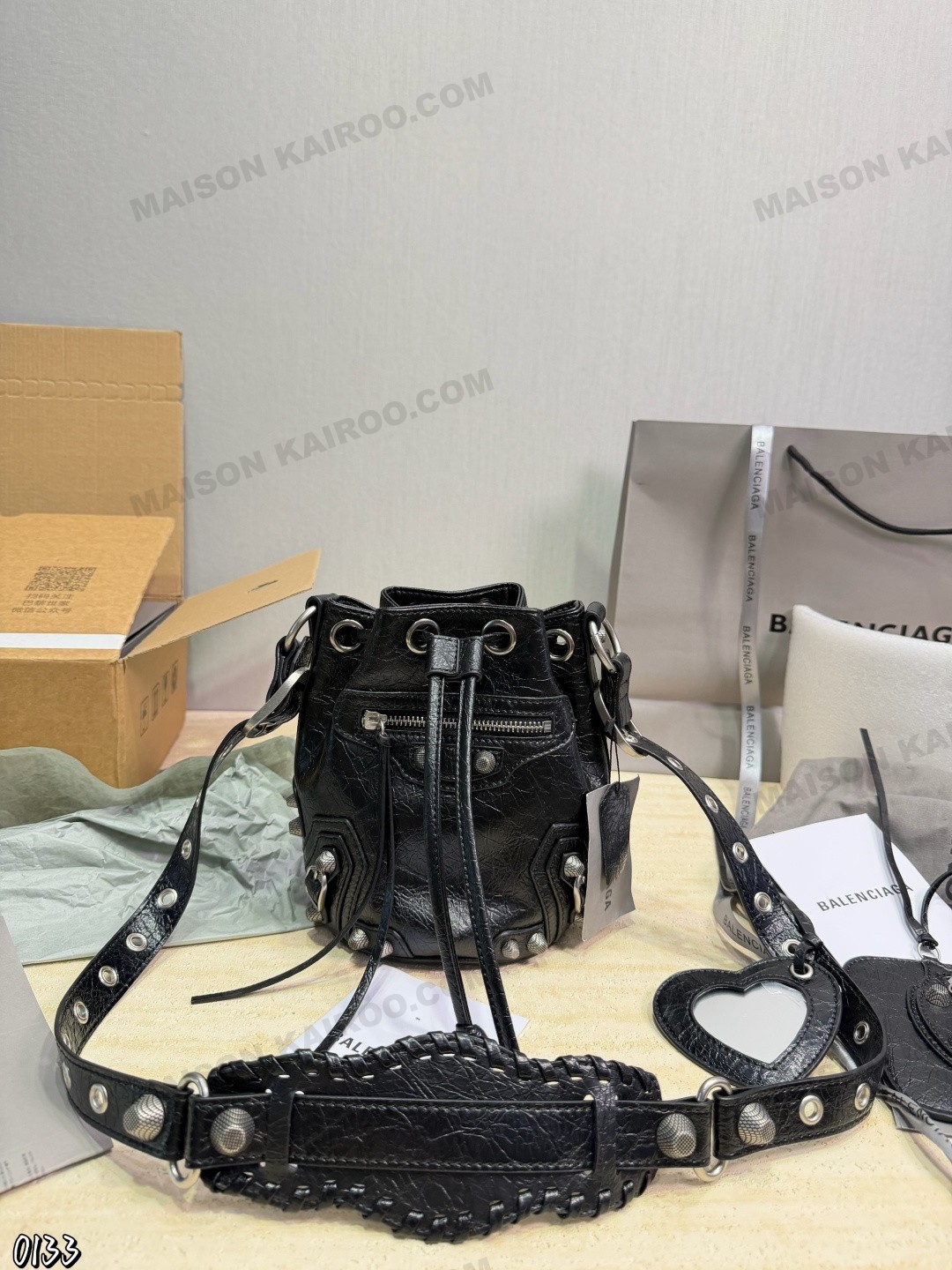 Balenciaga Le Cagole Mini Crinkled Arena Leather Heart Mirror & Pouch Bucket Studded Shoulder Bag - KAIROO