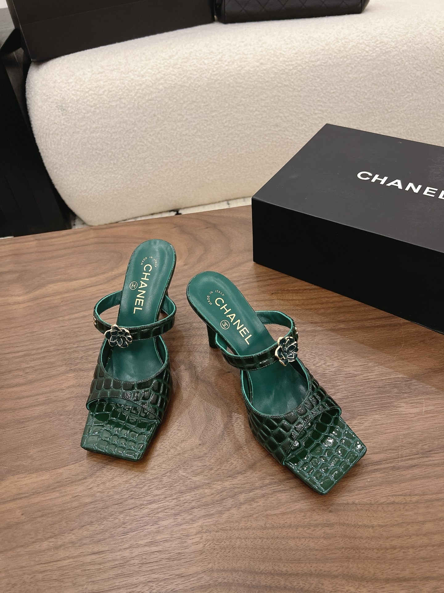 Chanel 26K Emerald Green Camellia Buckle Croc-Embossed Leather Square Toe Sandals Mules Heels - KAIROO