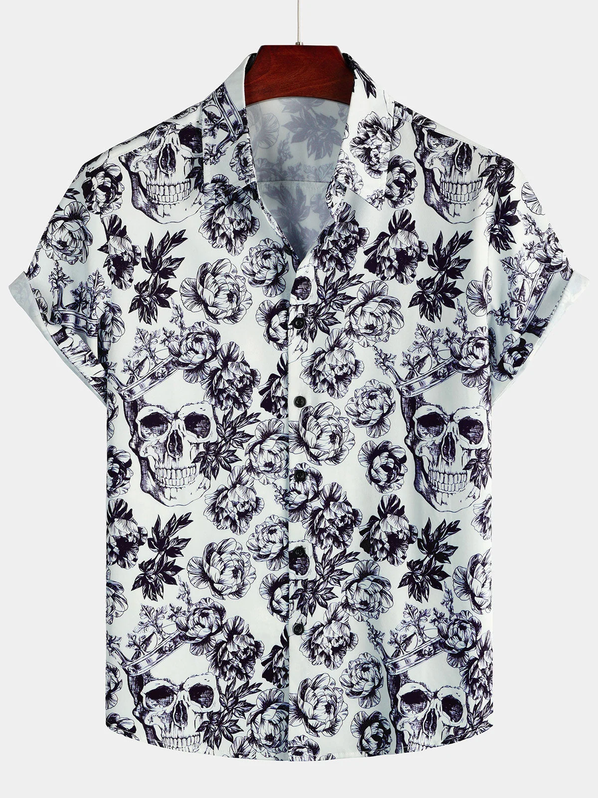 Men's Black Floral Skull Crown Punk Rock Print Short Sleeve Shirt