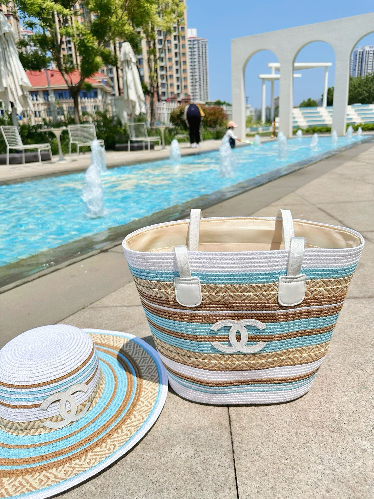 Chanel Coastal Blue Striped Woven Raffia Tote Bag & Matching Wide-Brim Sun Hat Beach Set - KAIROO