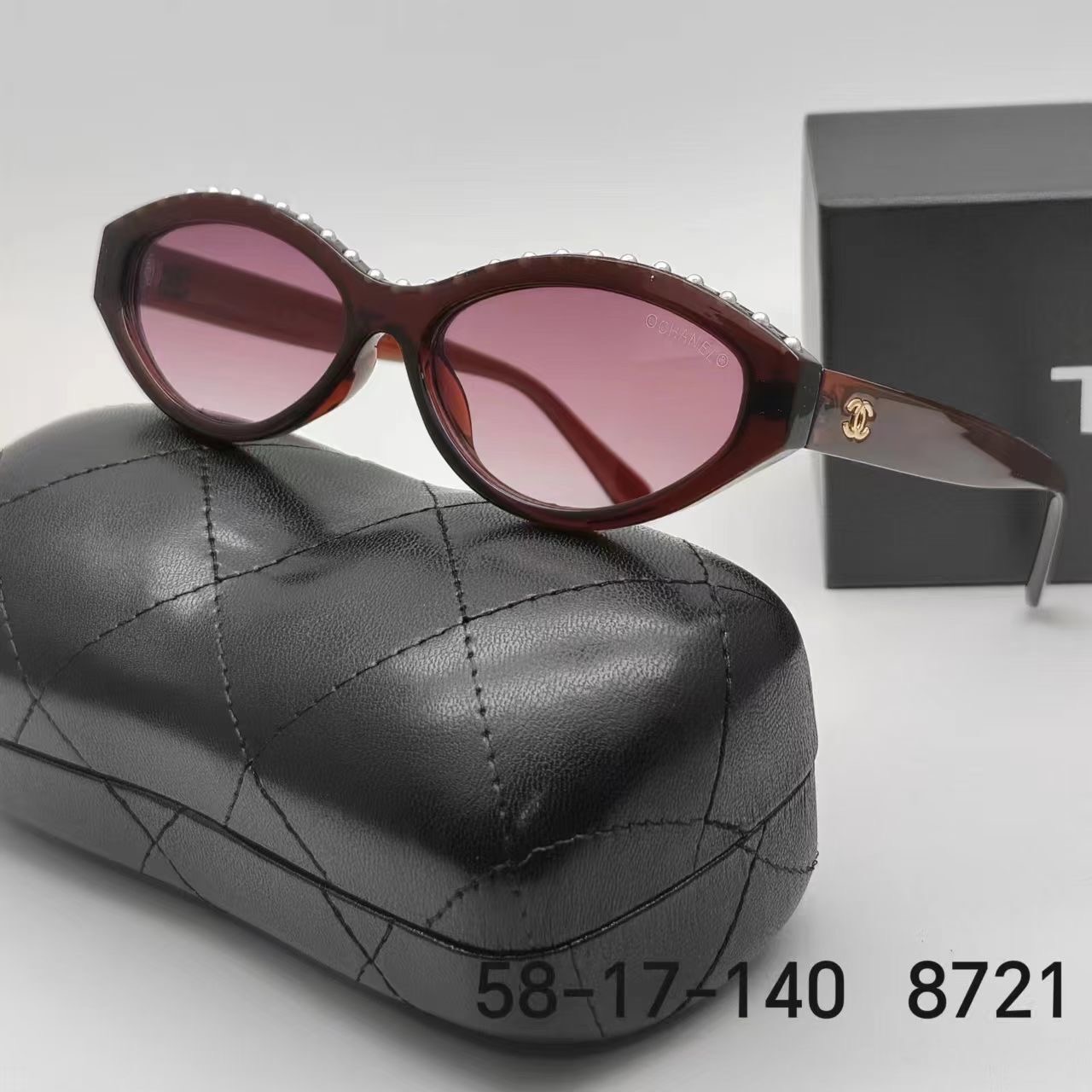Chanel Top Rim Pearl Embellished Gold Tone Double C Logo Cat Eye Sunglasses - KAIROO