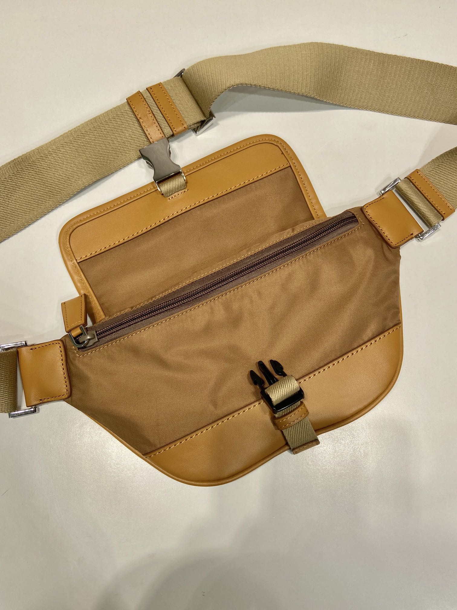 Prada BAG 18 IN SEPIA BROWN RE-NYLON AND CALFSKIN TRIM