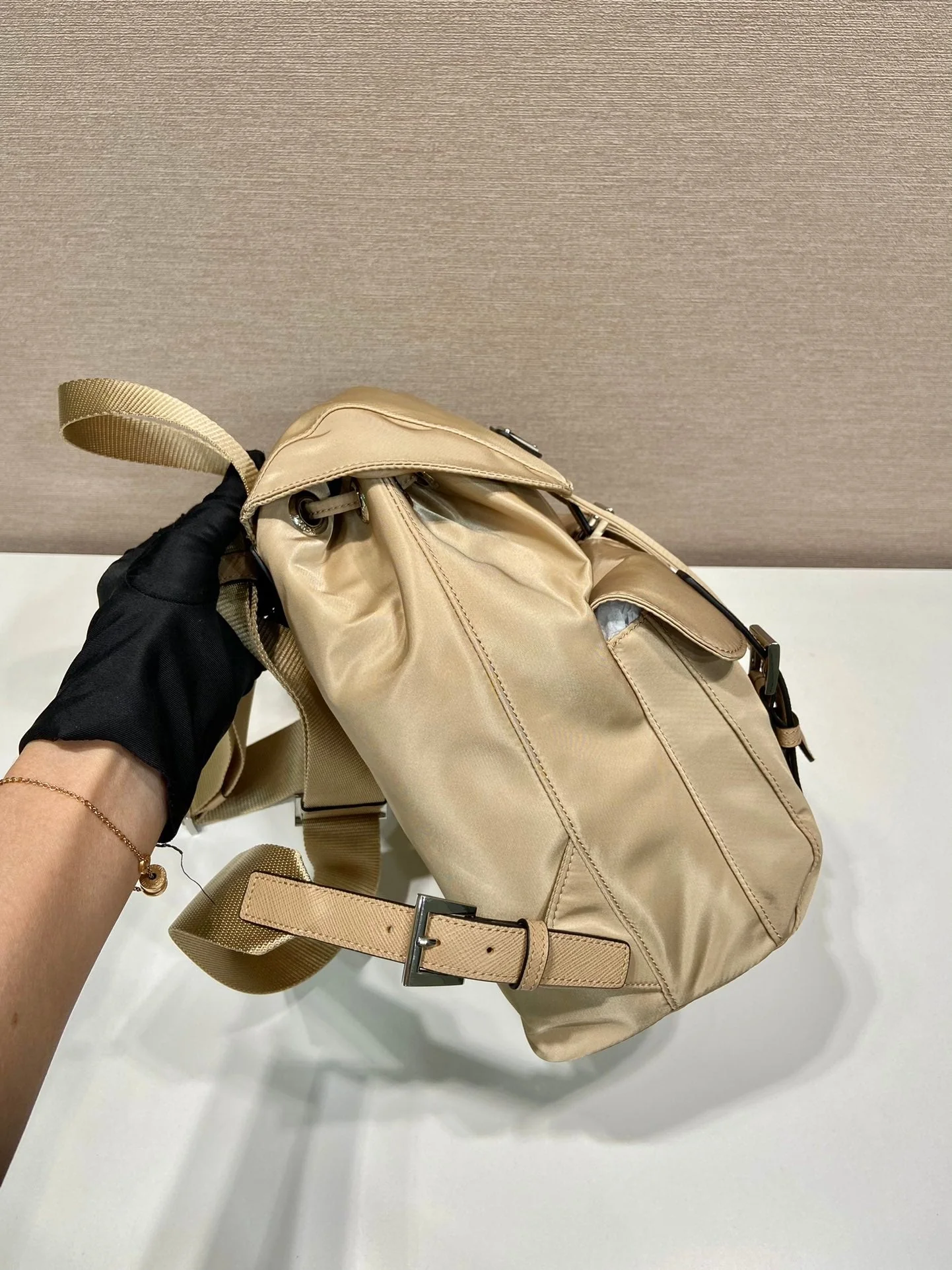 Prada  SMALL BACKPACK 28 IN SHOELACE BEIGE PARACHUTE FABRIC