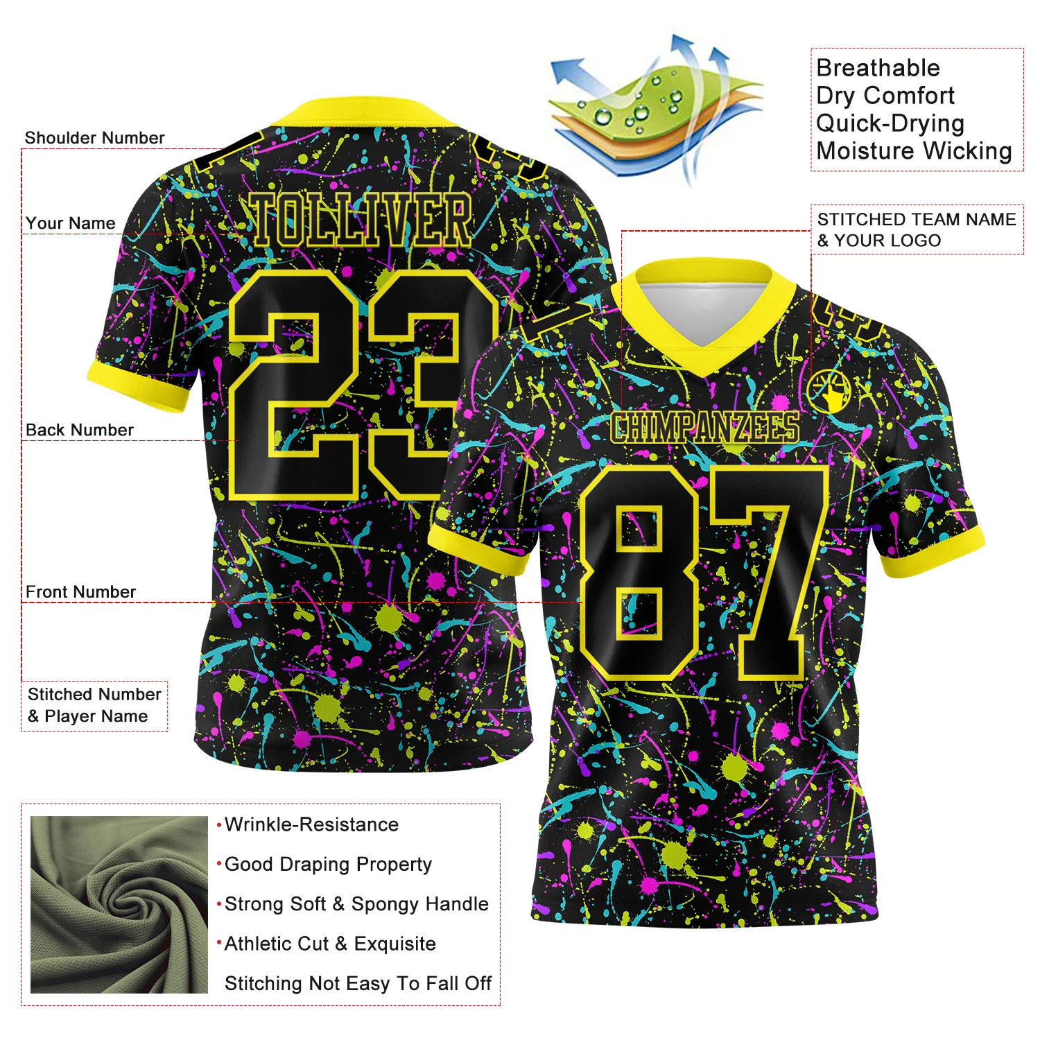 Custom Graffiti Pattern Black-Light Yellow 3D Pattern Splash Authentic Football Jersey